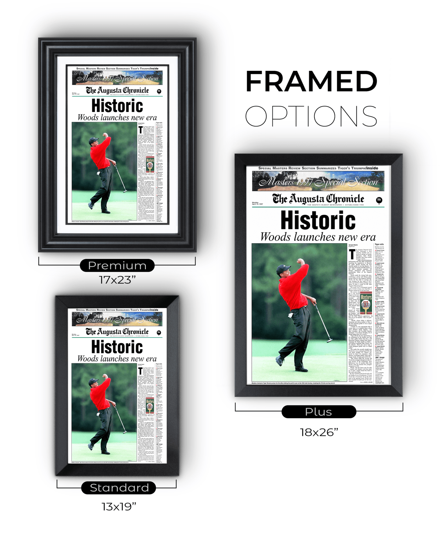 1997 Tiger Woods Masters Champion 'Historic' Front Page Newspaper Augusta - TitleGameFrames.com