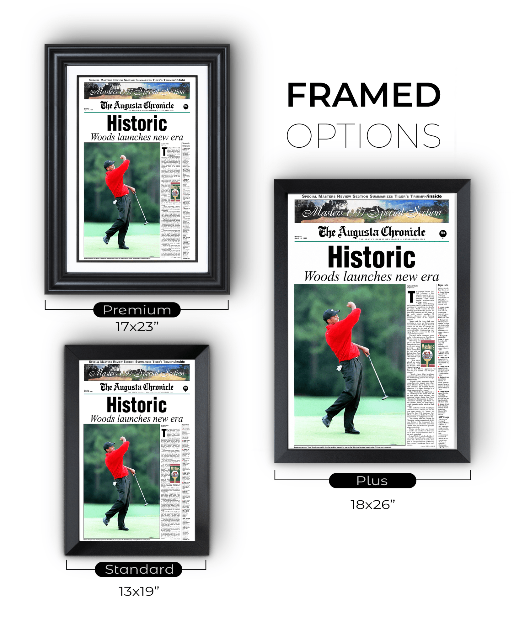 1997 Tiger Woods Masters Champion 'Historic' Front Page Newspaper Augusta - TitleGameFrames.com