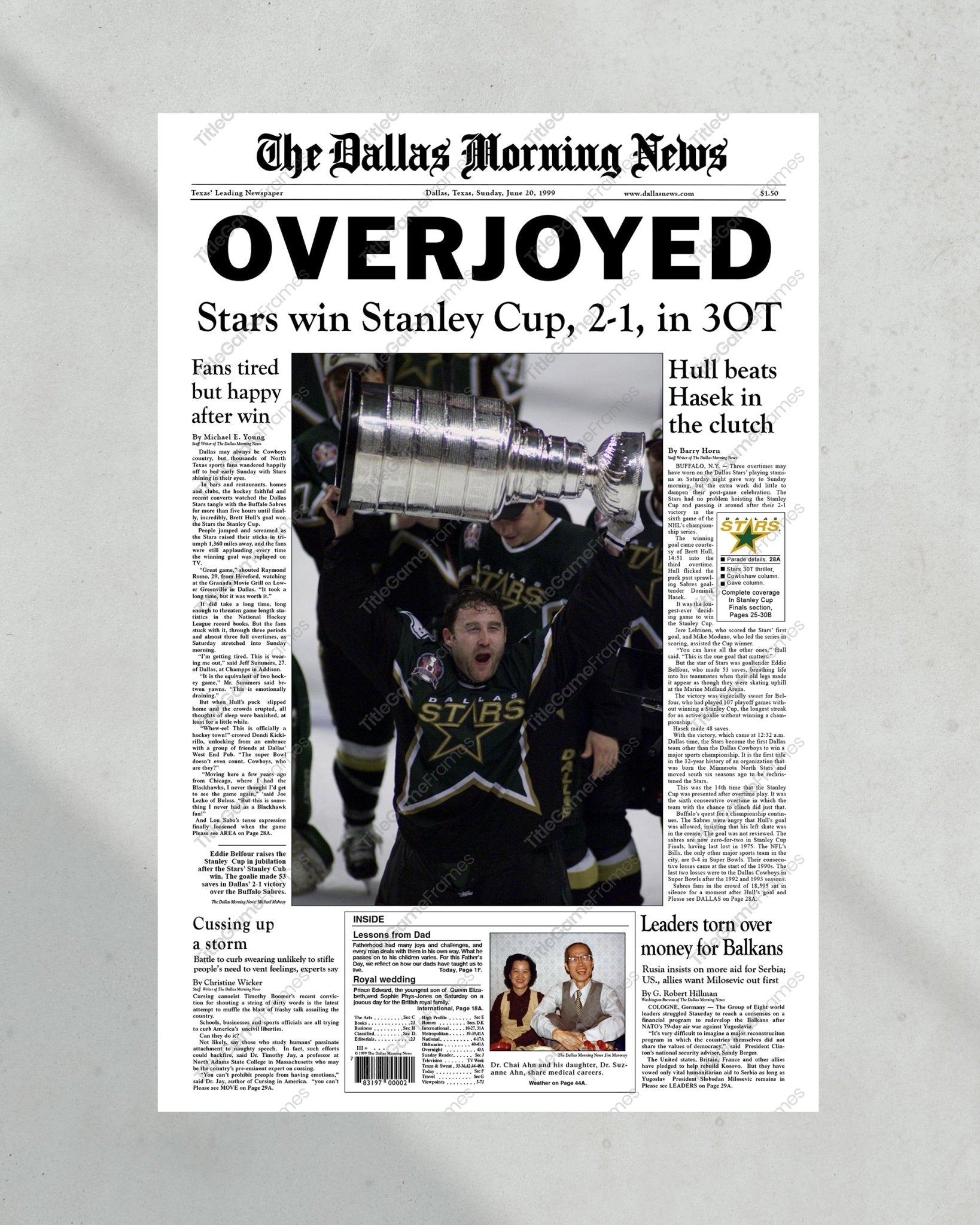 1999 Dallas Stars Stanley Cup Champion Framed Front Page Newspaper - TitleGameFrames.com