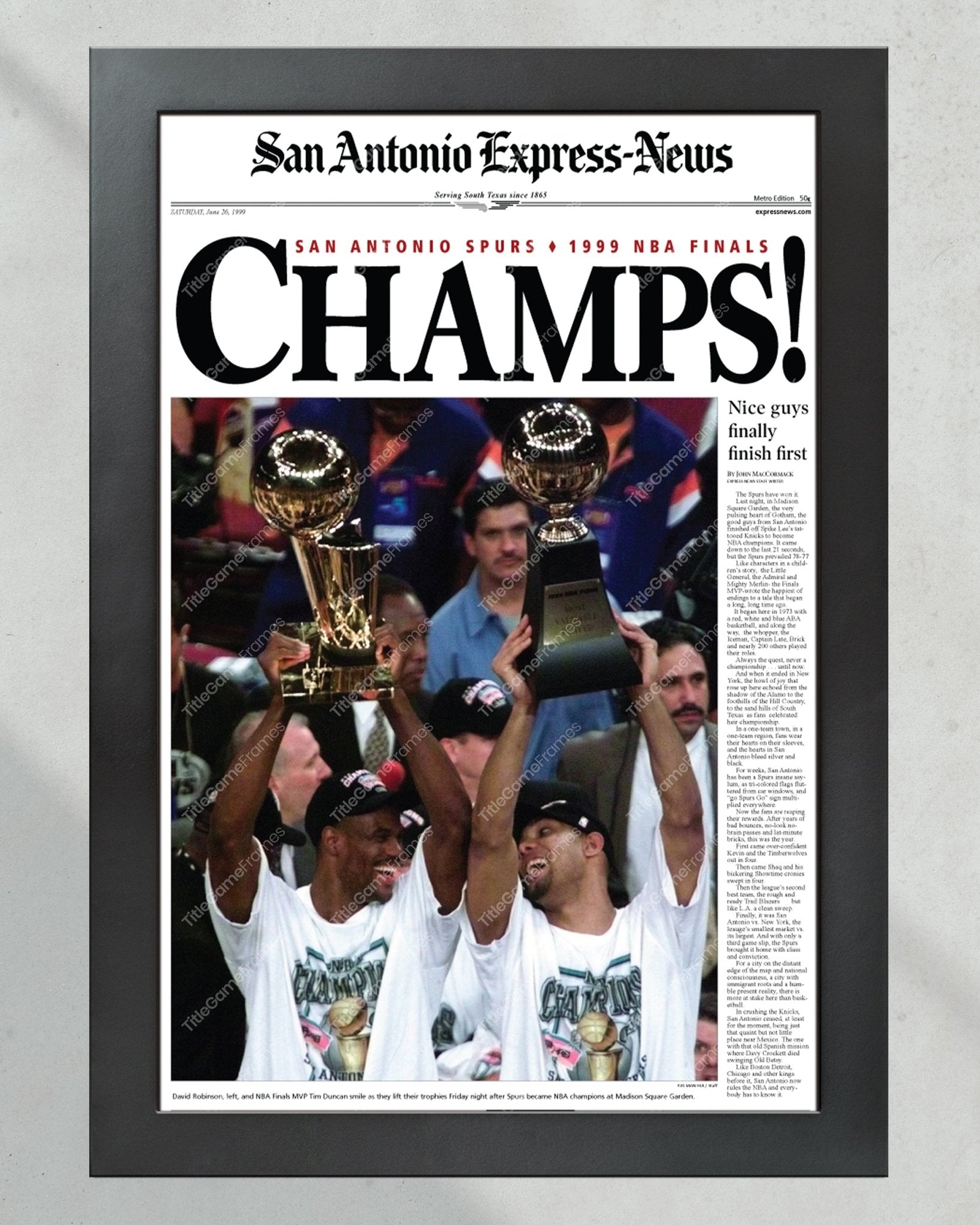 1999 San Antonio Spurs Framed Newspaper Cover Print David Robinson and Tim Duncan - Title Game Frames