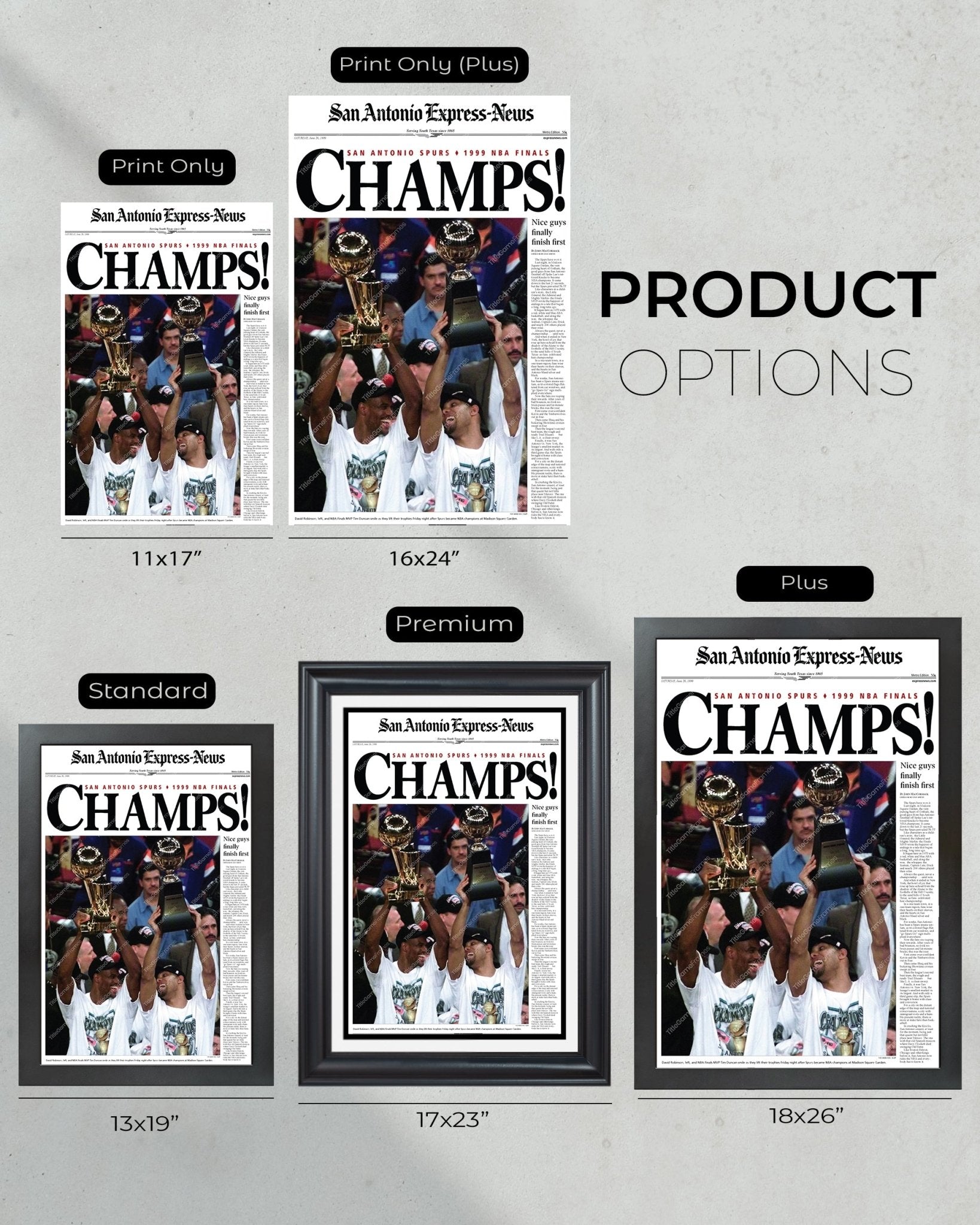 1999 San Antonio Spurs Framed Newspaper Cover Print David Robinson and Tim Duncan - Title Game Frames