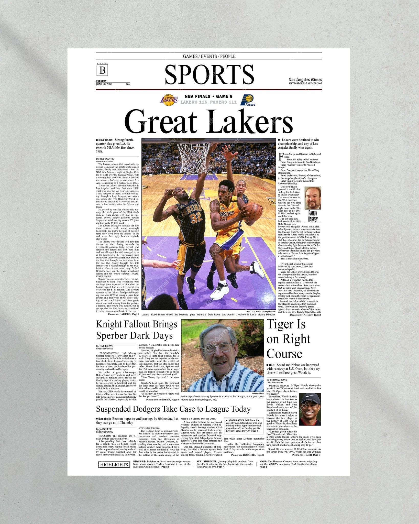 2000 Los Angeles Lakers NBA Champion Framed Front Page Newspaper Print - TitleGameFrames.com
