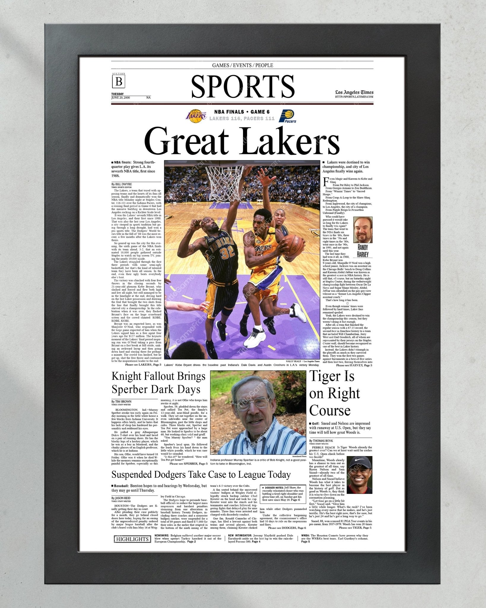 2000 Los Angeles Lakers NBA Champion Framed Front Page Newspaper Print - TitleGameFrames.com