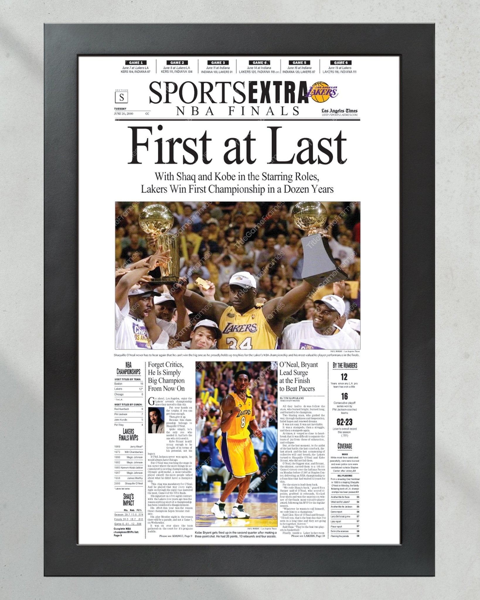 2000 Los Angeles Lakers NBA Champions Framed Newspaper Front Page Newspaper Print Kobe and Shaq Staples Center - Title Game Frames