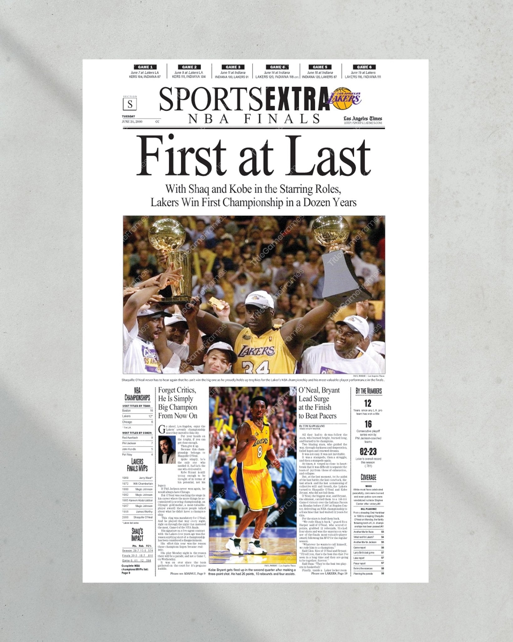 2000 Los Angeles Lakers NBA Champions Framed Newspaper Front Page Newspaper Print Kobe and Shaq Staples Center - Title Game Frames