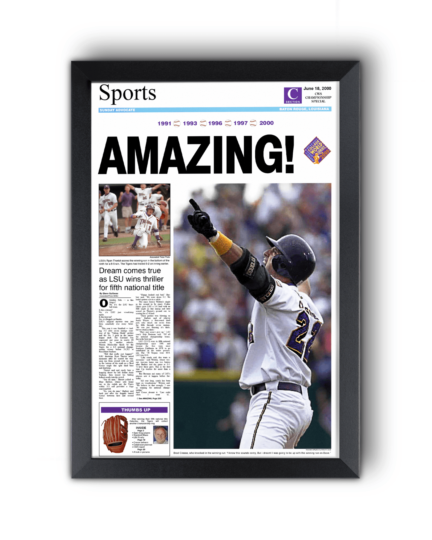 2000 LSU Tigers 'AMAZING!' College World Series Champions Framed Newspaper Print - TitleGameFrames.com