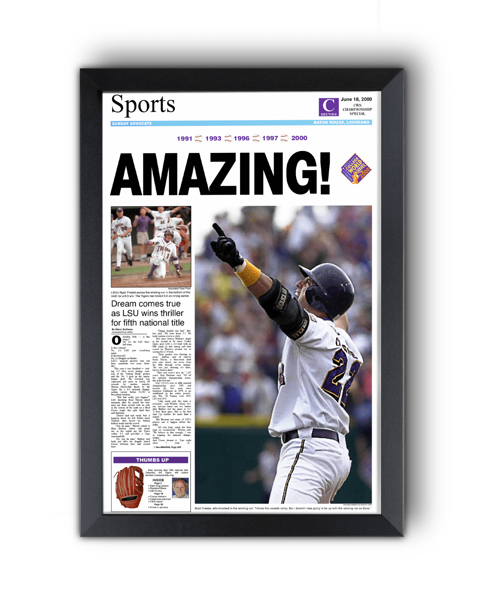 2000 LSU Tigers 'AMAZING!' College World Series Champions Framed Newspaper Print - TitleGameFrames.com