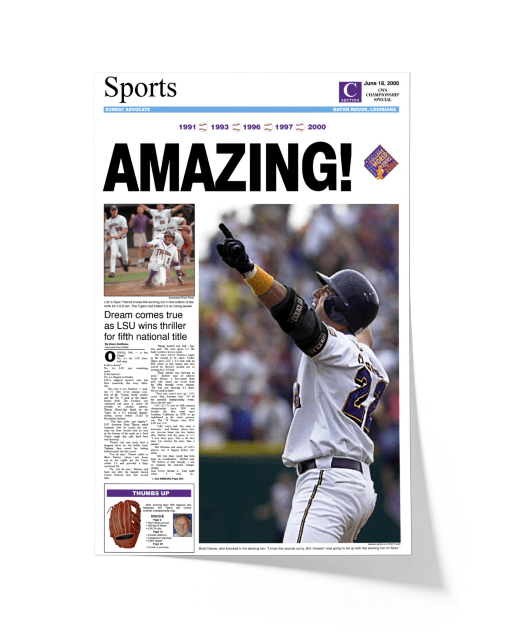 2000 LSU Tigers 'AMAZING!' College World Series Champions Framed Newspaper Print - TitleGameFrames.com