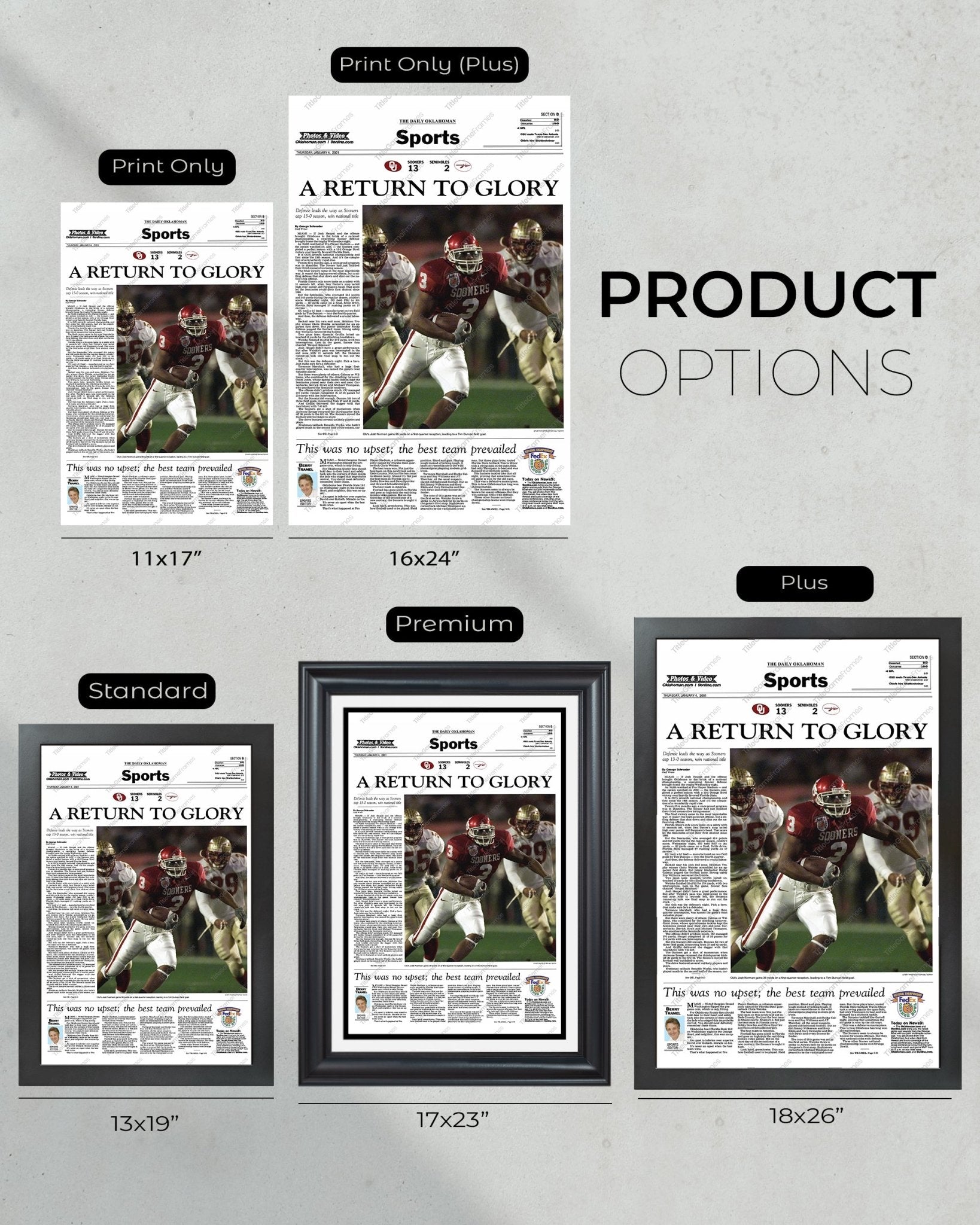2000 Oklahoma Sooners National Champions 'A Return to Glory' Framed Newspaper - TitleGameFrames.com