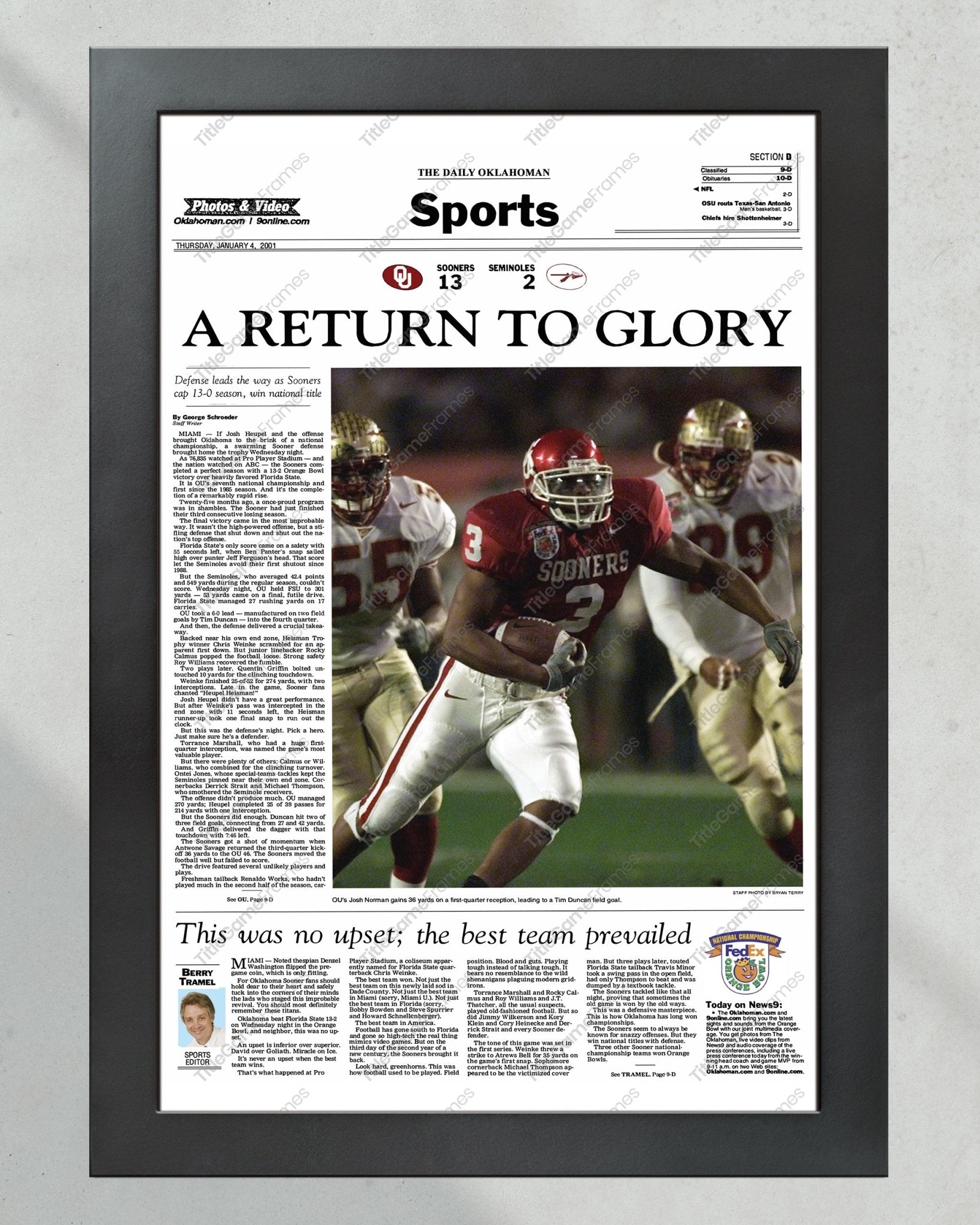 2000 Oklahoma Sooners National Champions 'A Return to Glory' Framed Newspaper - TitleGameFrames.com