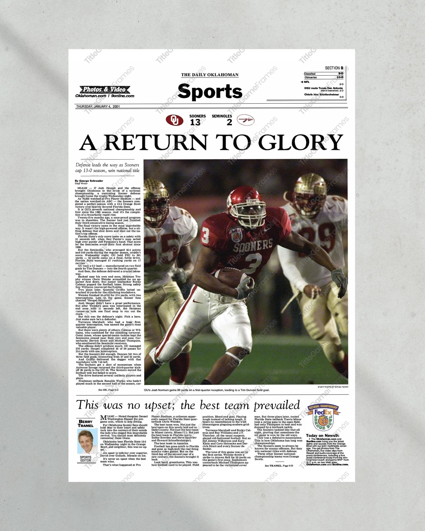 2000 Oklahoma Sooners National Champions 'A Return to Glory' Framed Newspaper - TitleGameFrames.com