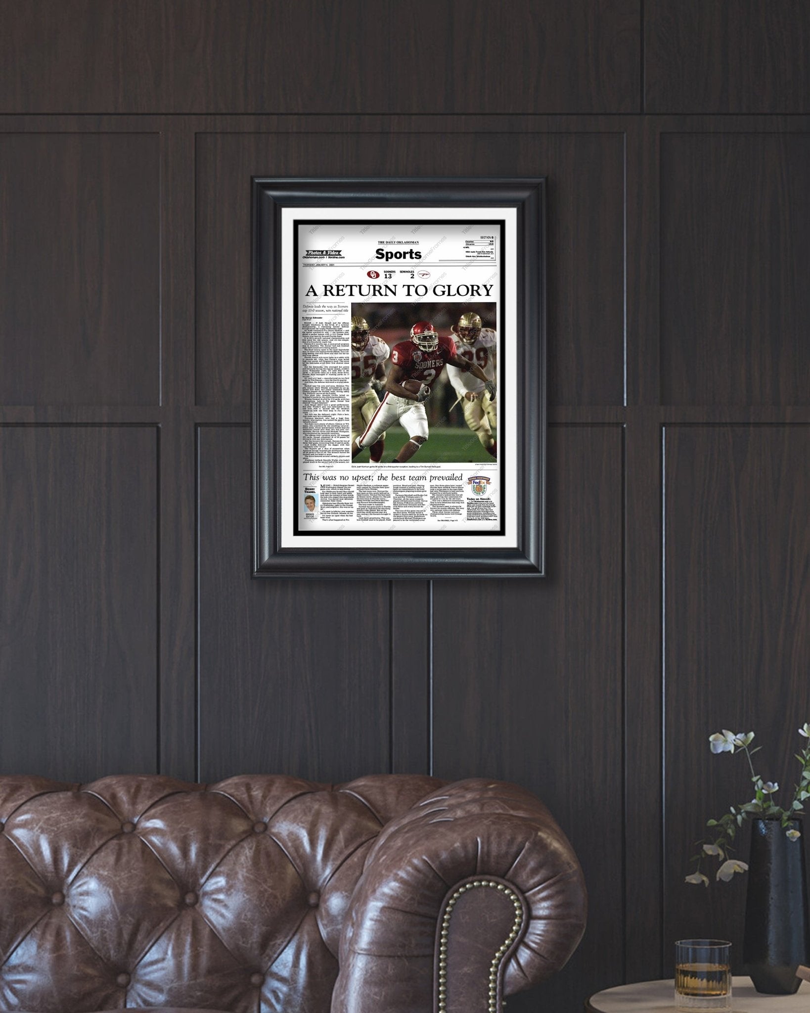 2000 Oklahoma Sooners National Champions 'A Return to Glory' Framed Newspaper - TitleGameFrames.com