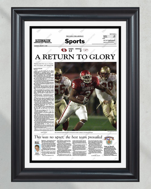 2000 Oklahoma Sooners National Champions 'A Return to Glory' Framed Newspaper - TitleGameFrames.com