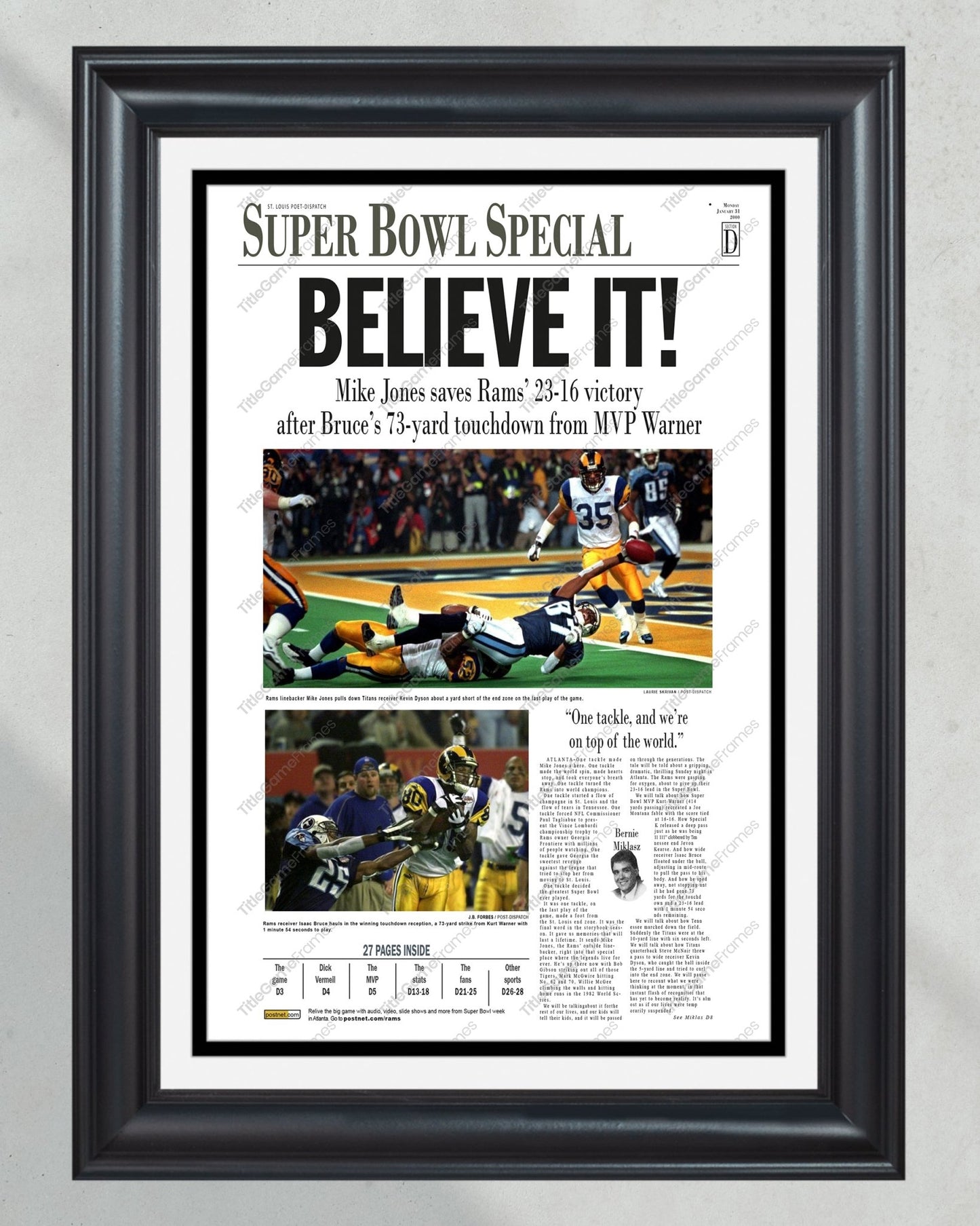 2000 Saint Louis Rams Super Bowl Champions Framed Front Page Newspaper Print - TitleGameFrames.com