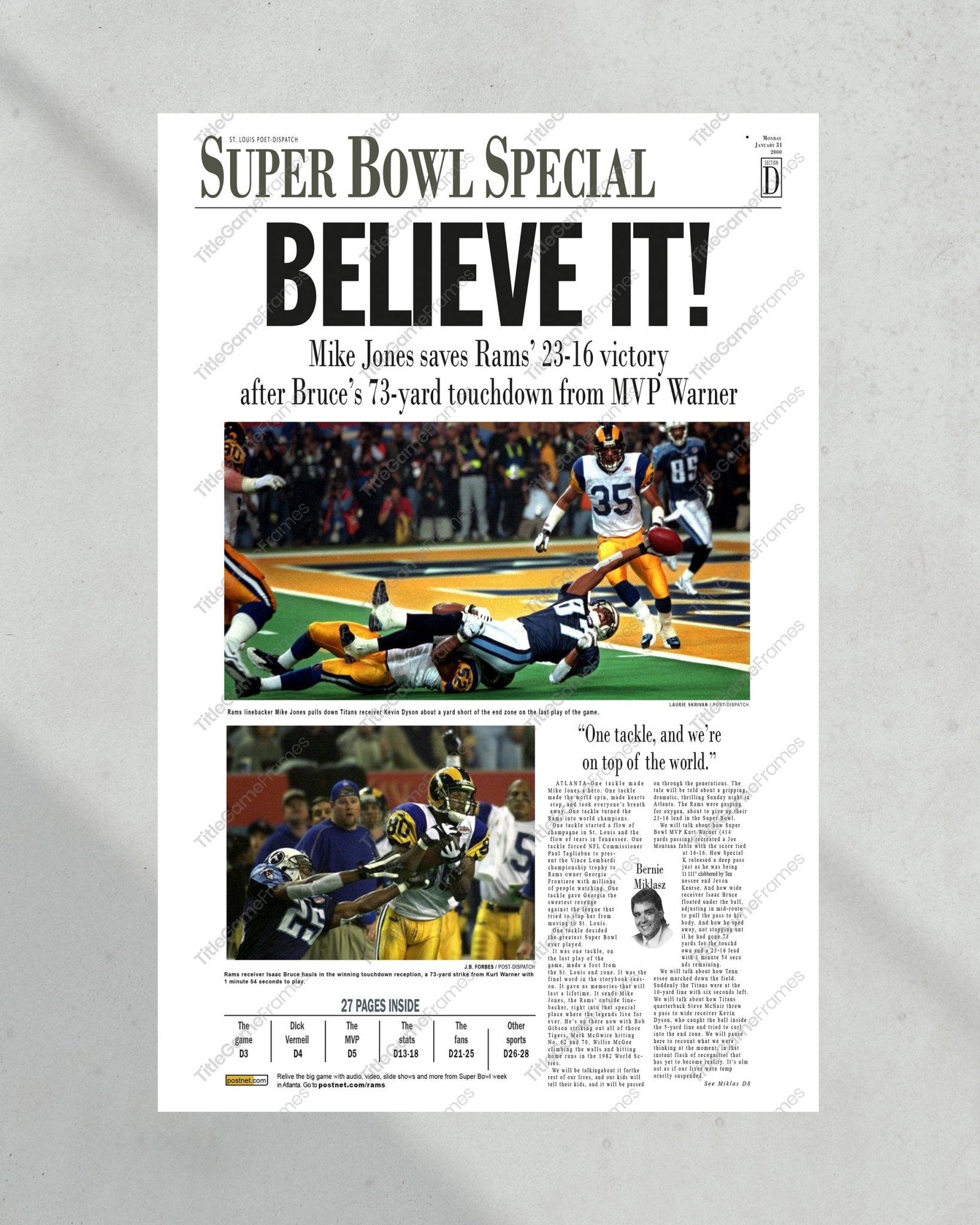 2000 Saint Louis Rams Super Bowl Champions Framed Front Page Newspaper Print - TitleGameFrames.com