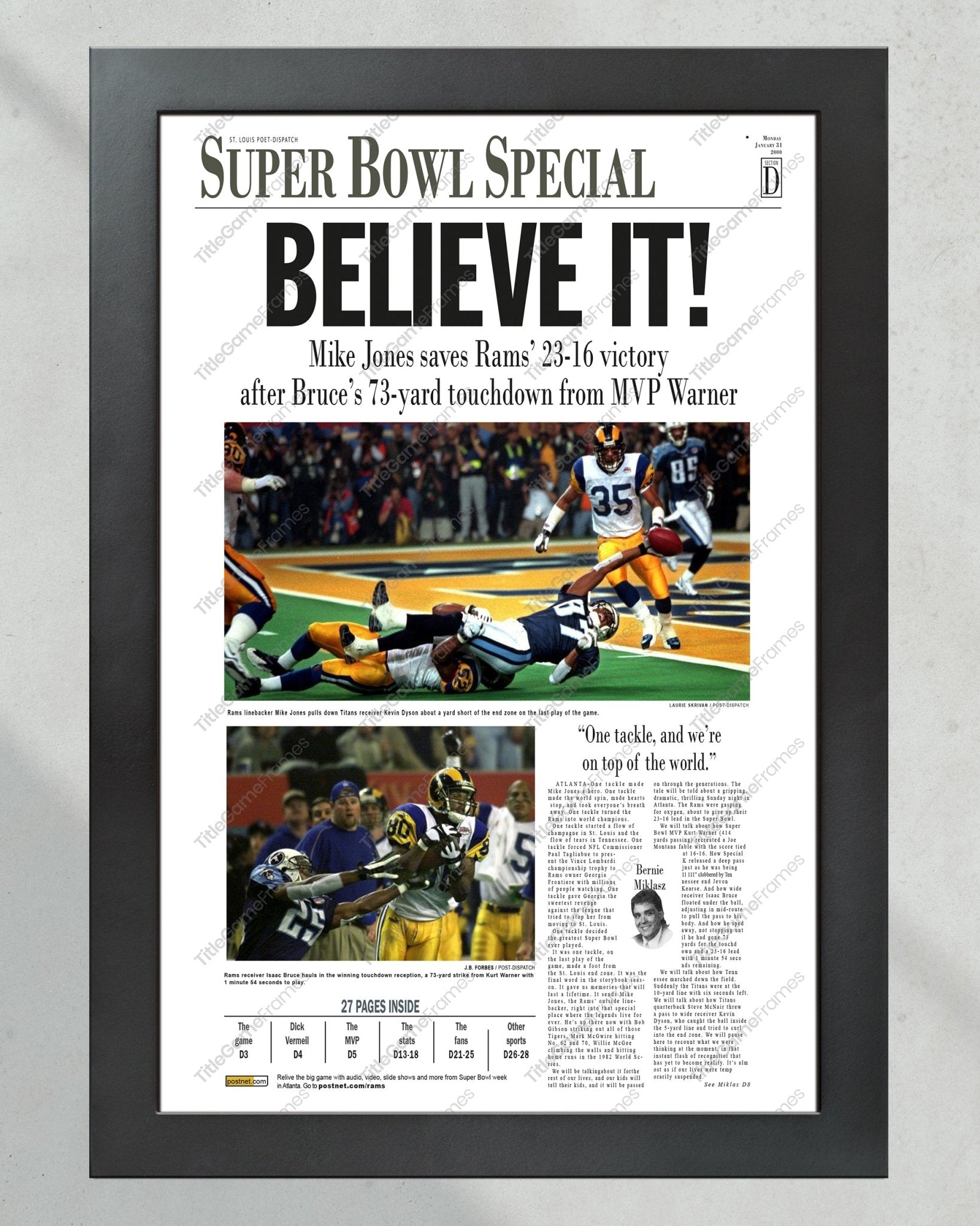2000 Saint Louis Rams Super Bowl Champions Framed Front Page Newspaper Print - TitleGameFrames.com