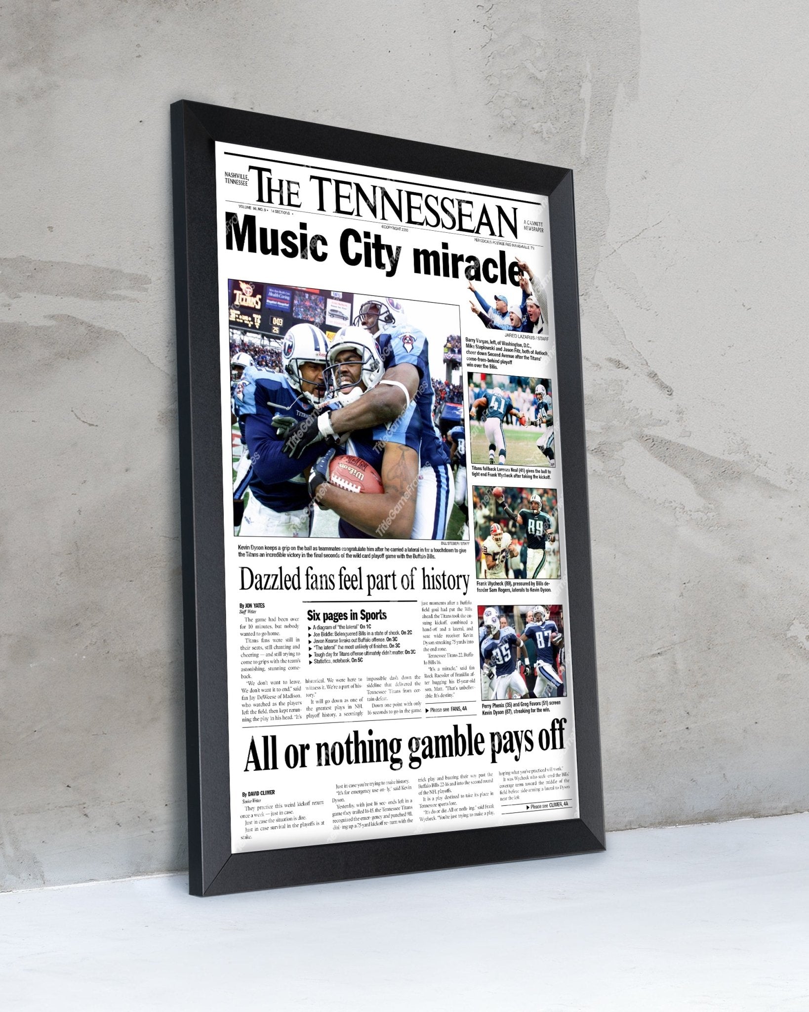 2000 Tennessee Titans 'Music City Miracle' Framed Newspaper - TitleGameFrames.com