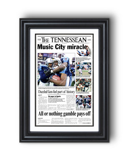 2000 Tennessee Titans 'Music City Miracle' Framed Newspaper - TitleGameFrames.com