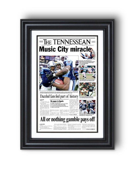 2000 Tennessee Titans 'Music City Miracle' Framed Newspaper - TitleGameFrames.com