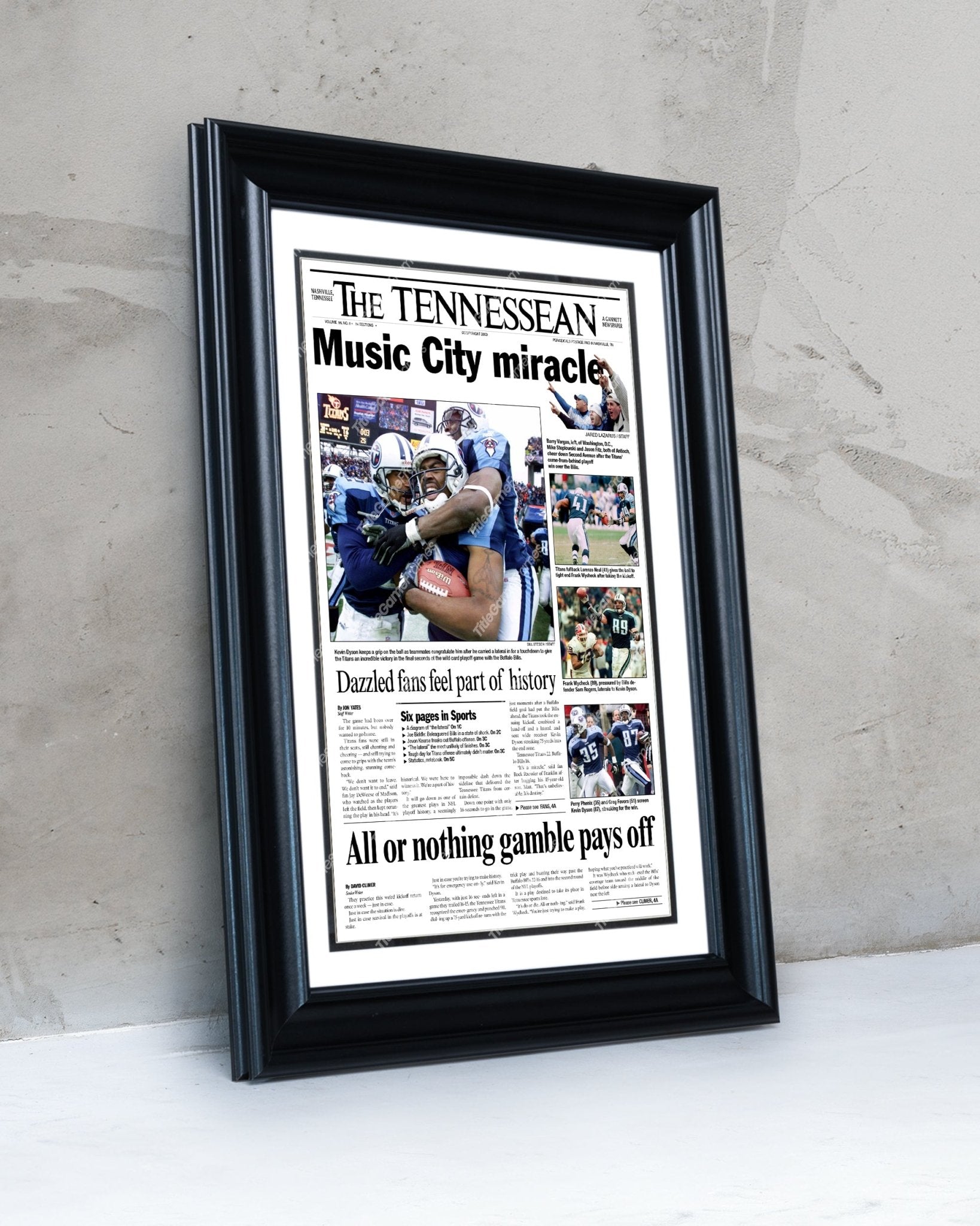 2000 Tennessee Titans 'Music City Miracle' Framed Newspaper - TitleGameFrames.com