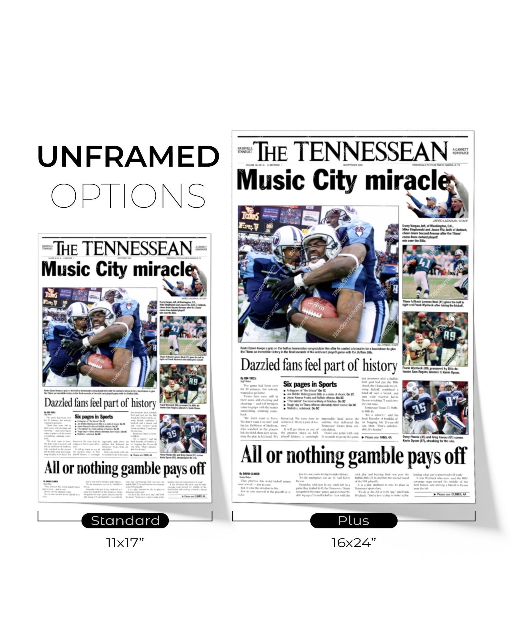 2000 Tennessee Titans 'Music City Miracle' Framed Newspaper - TitleGameFrames.com