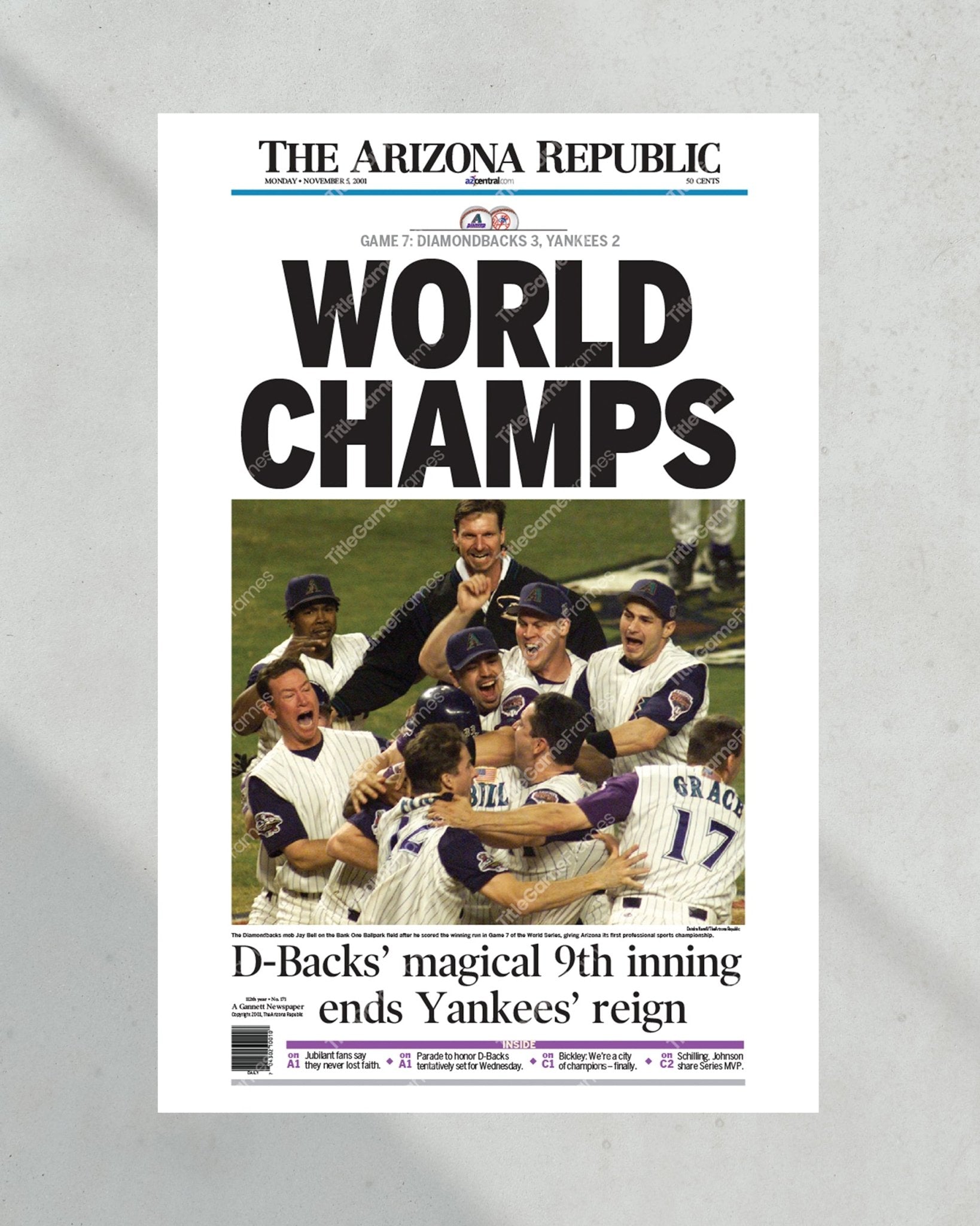 2001 Arizona Diamondbacks World Series Framed Newspaper Print Title
