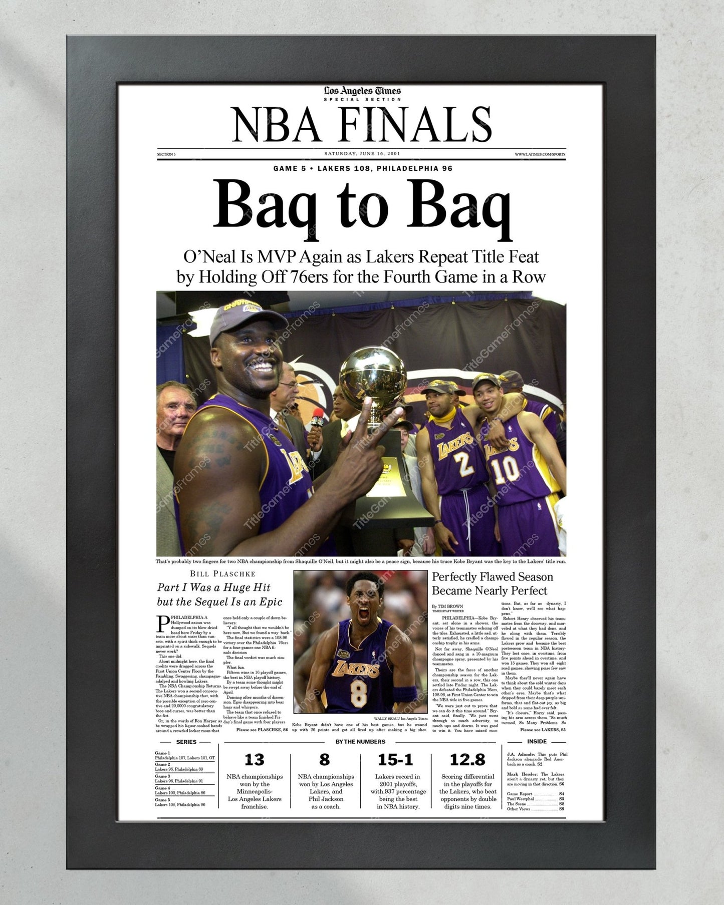2001 Los Angeles Lakers NBA Champion Framed Front Page Newspaper Print - TitleGameFrames.com