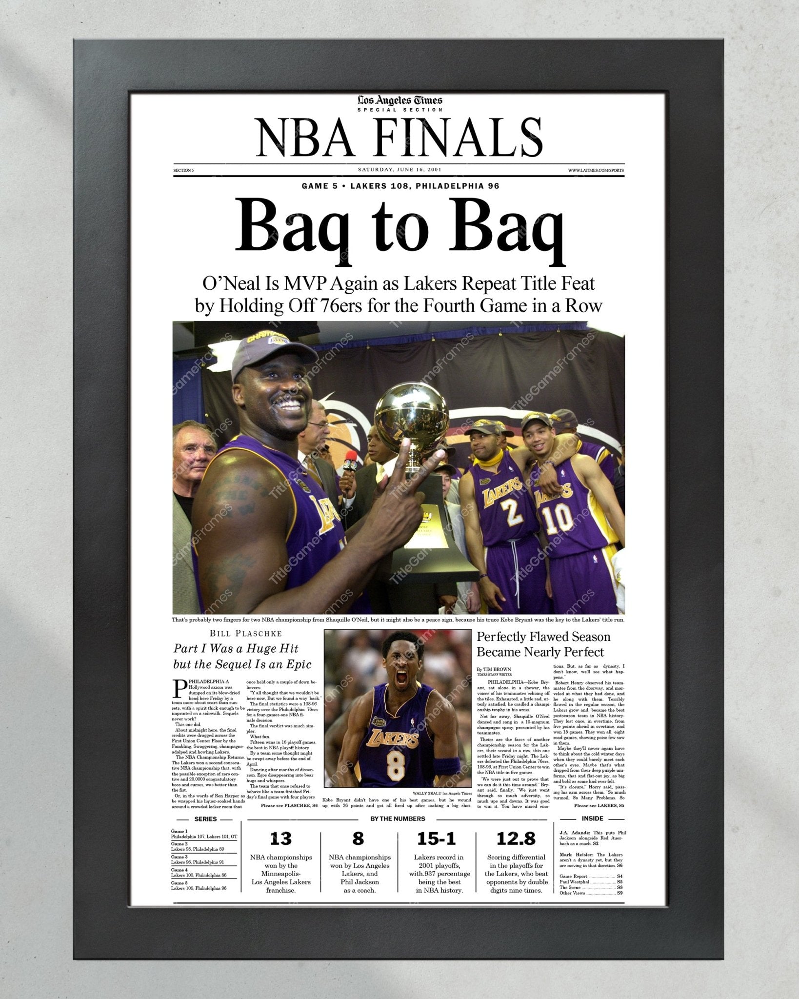 2001 Los Angeles Lakers NBA Champion Framed Front Page Newspaper Print - TitleGameFrames.com