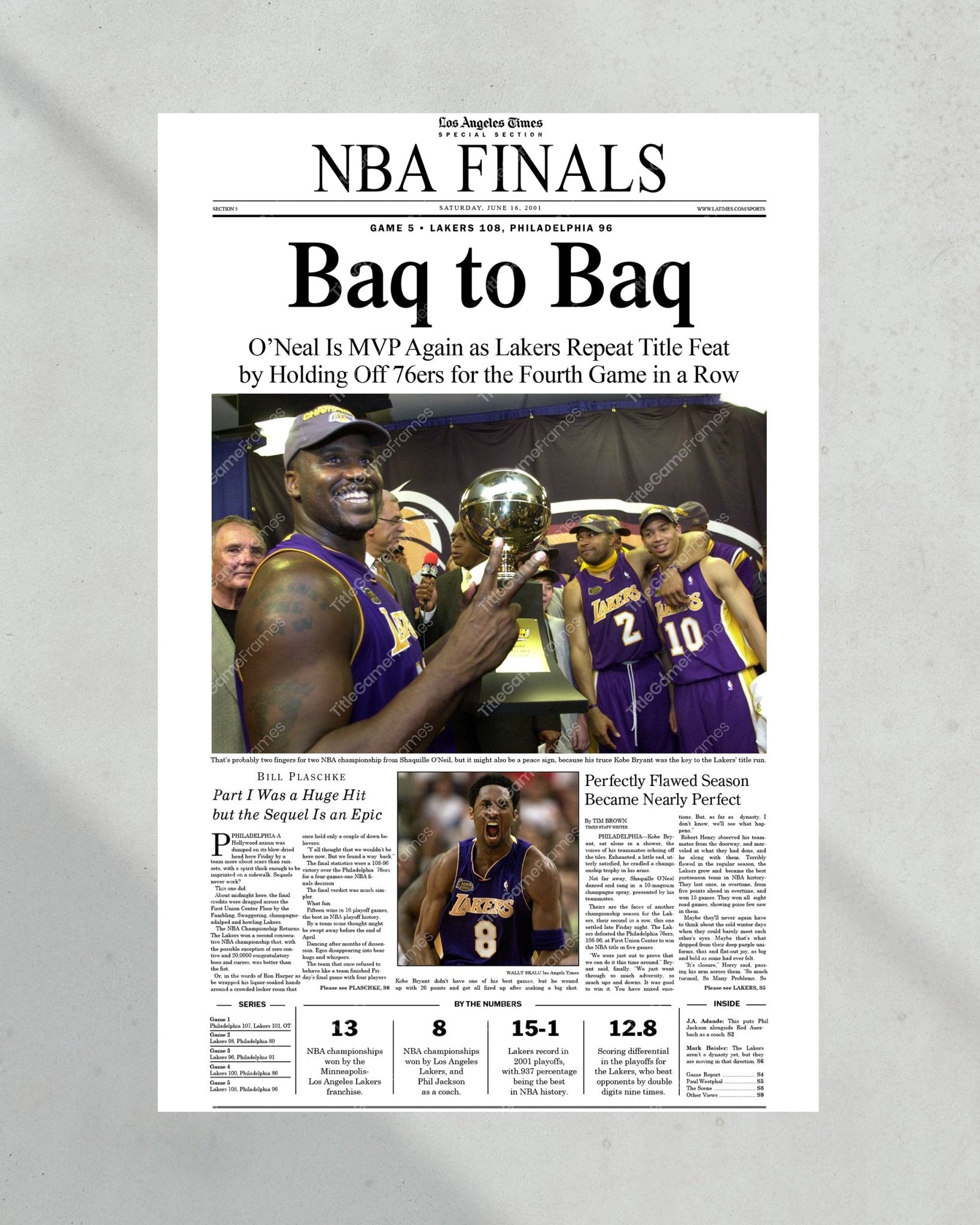 2001 Los Angeles Lakers NBA Champion Framed Front Page Newspaper Print - TitleGameFrames.com