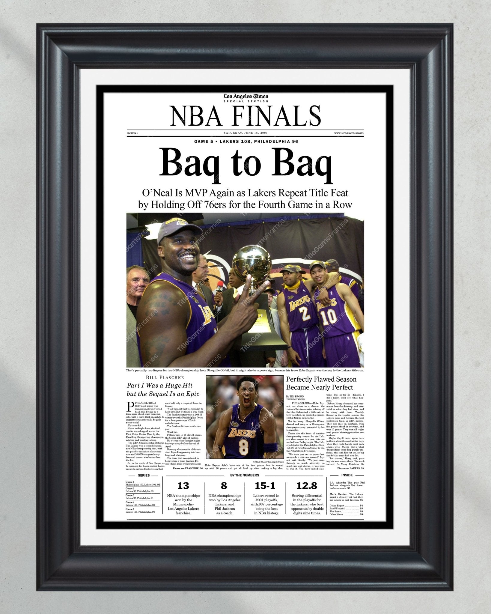 2001 Los Angeles Lakers NBA Champion Framed Front Page Newspaper Print - TitleGameFrames.com