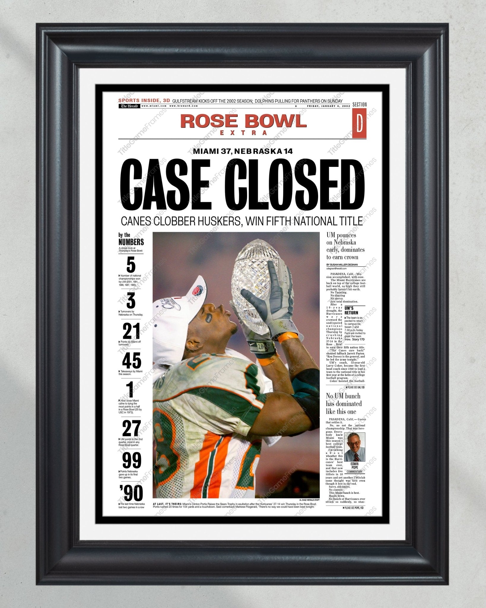 2001 Miami Hurricanes NCAA College Football National Champions Framed Front Page Newspaper Print - TitleGameFrames.com