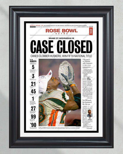 2001 Miami Hurricanes NCAA College Football National Champions Framed Front Page Newspaper Print - TitleGameFrames.com