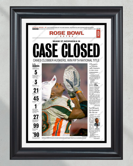 2001 Miami Hurricanes NCAA College Football National Champions Framed Front Page Newspaper Print - TitleGameFrames.com