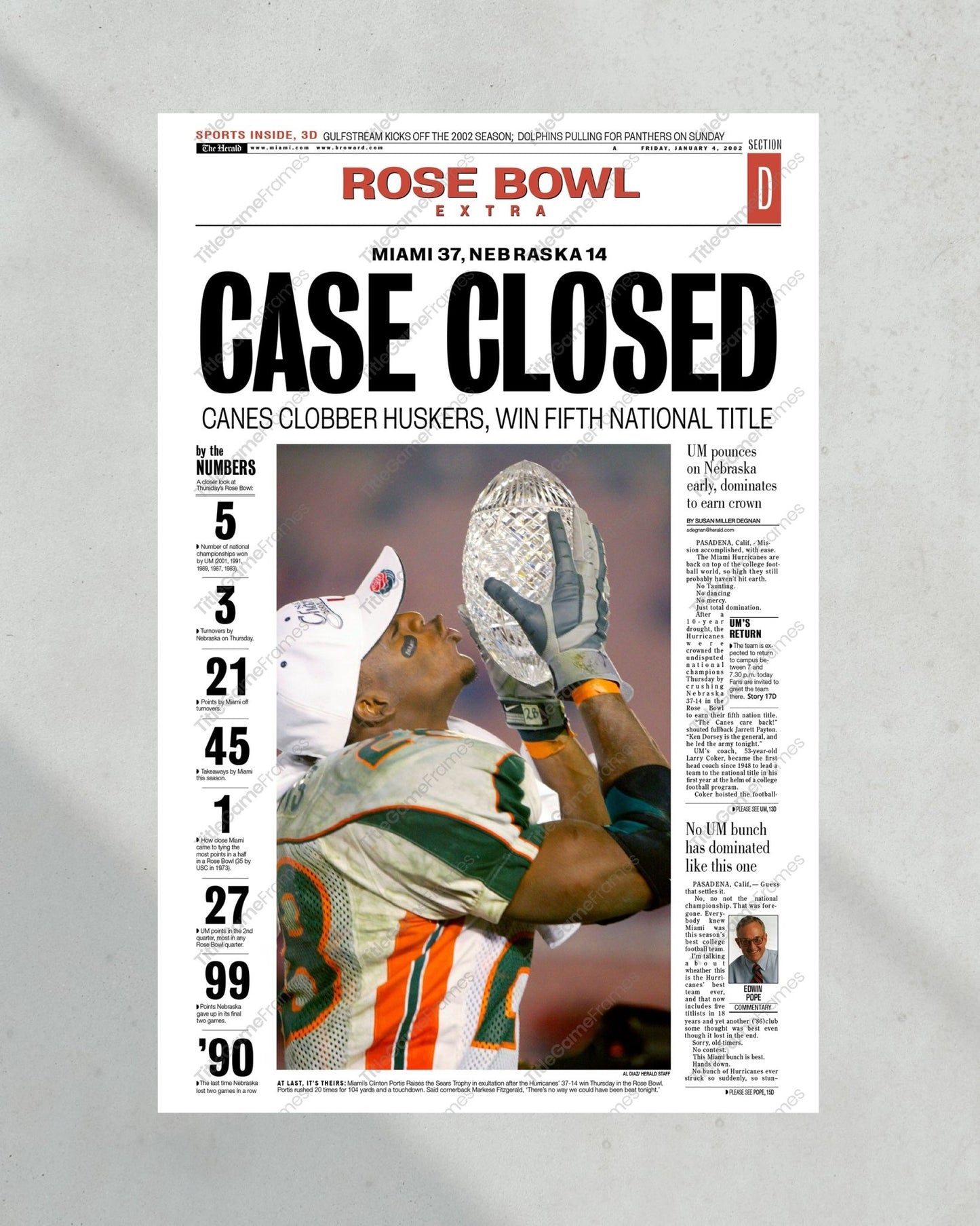 2001 Miami Hurricanes NCAA College Football National Champions Framed Front Page Newspaper Print - TitleGameFrames.com