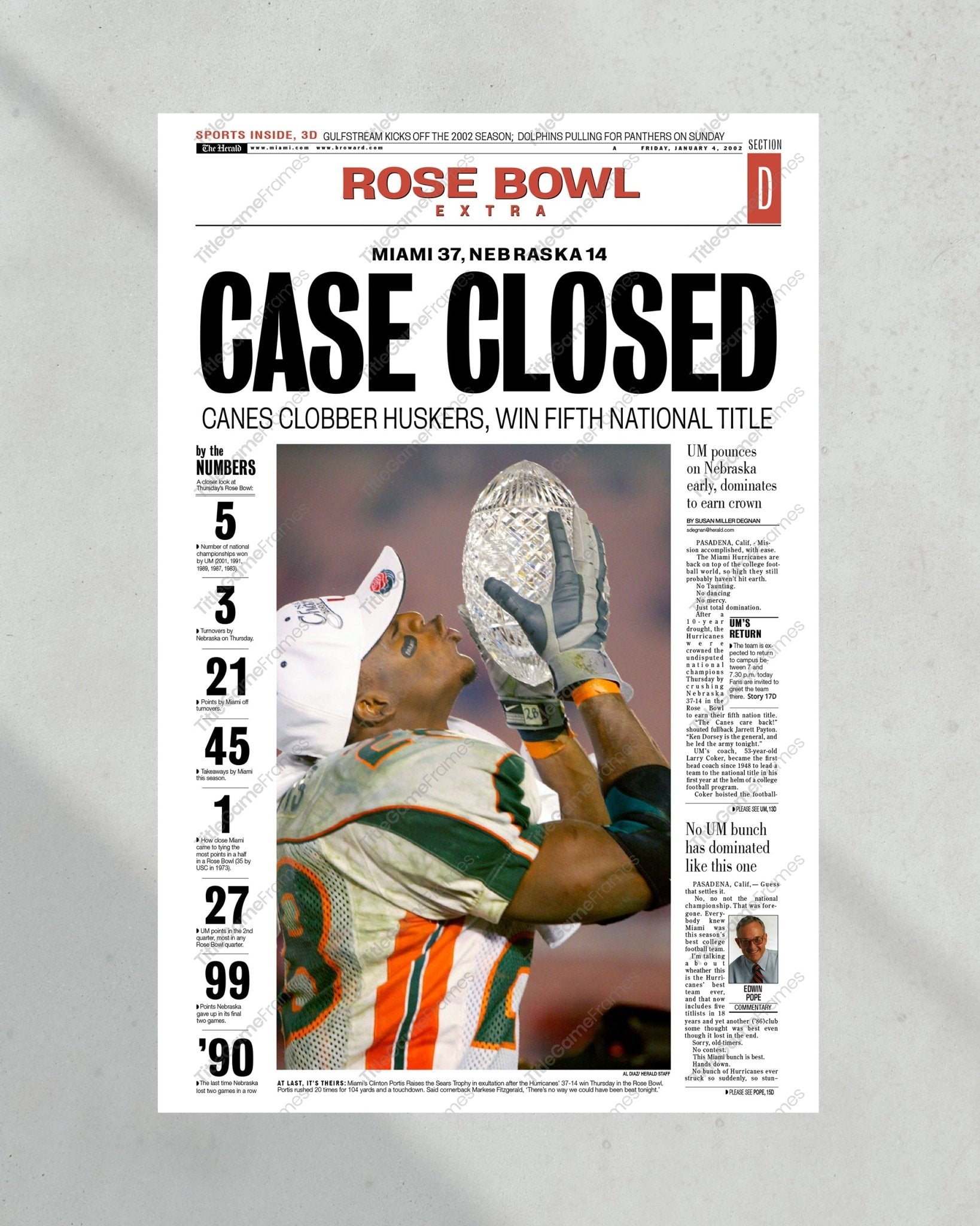 2001 Miami Hurricanes NCAA College Football National Champions Framed Front Page Newspaper Print - TitleGameFrames.com