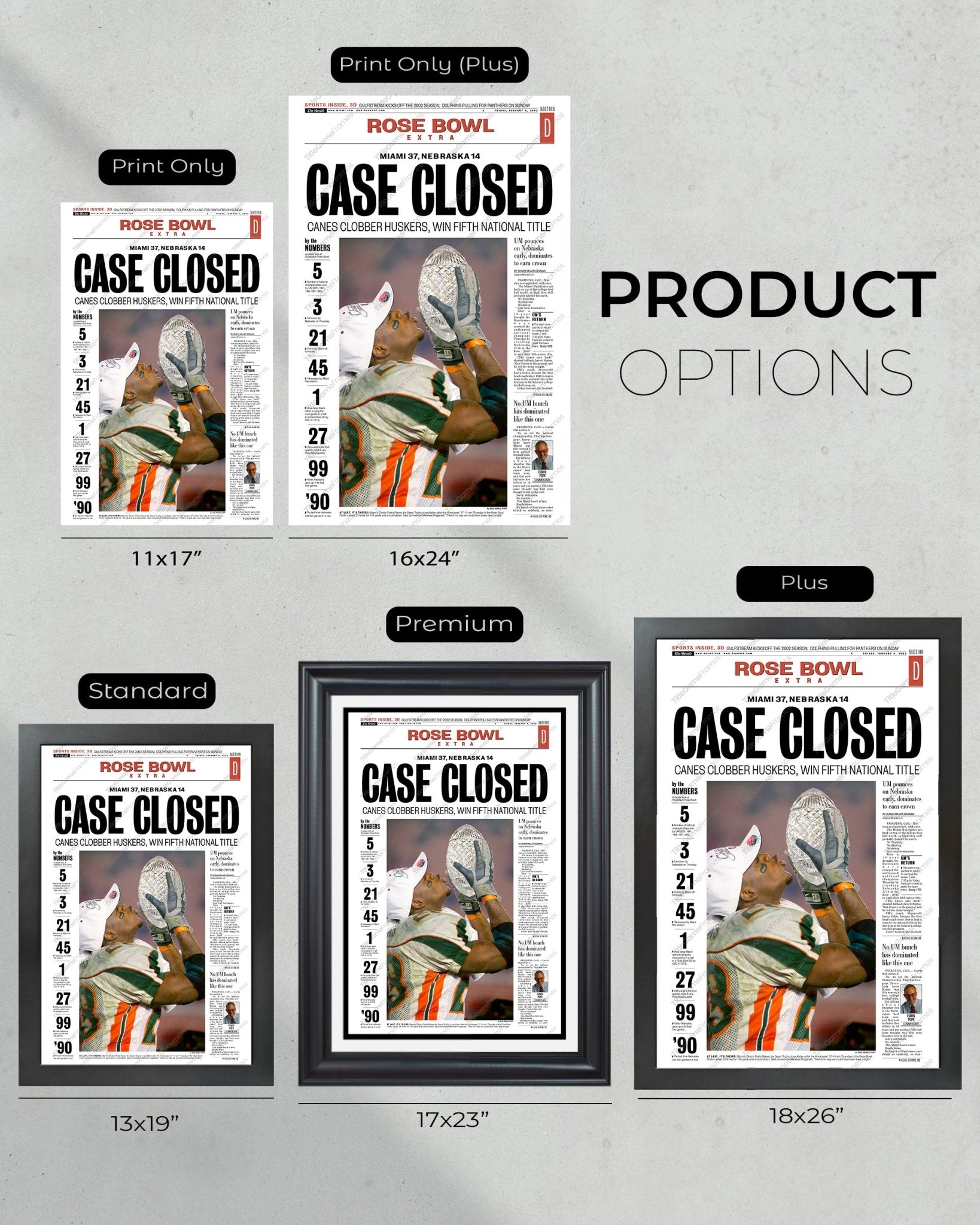 2001 Miami Hurricanes NCAA College Football National Champions Framed Front Page Newspaper Print - TitleGameFrames.com
