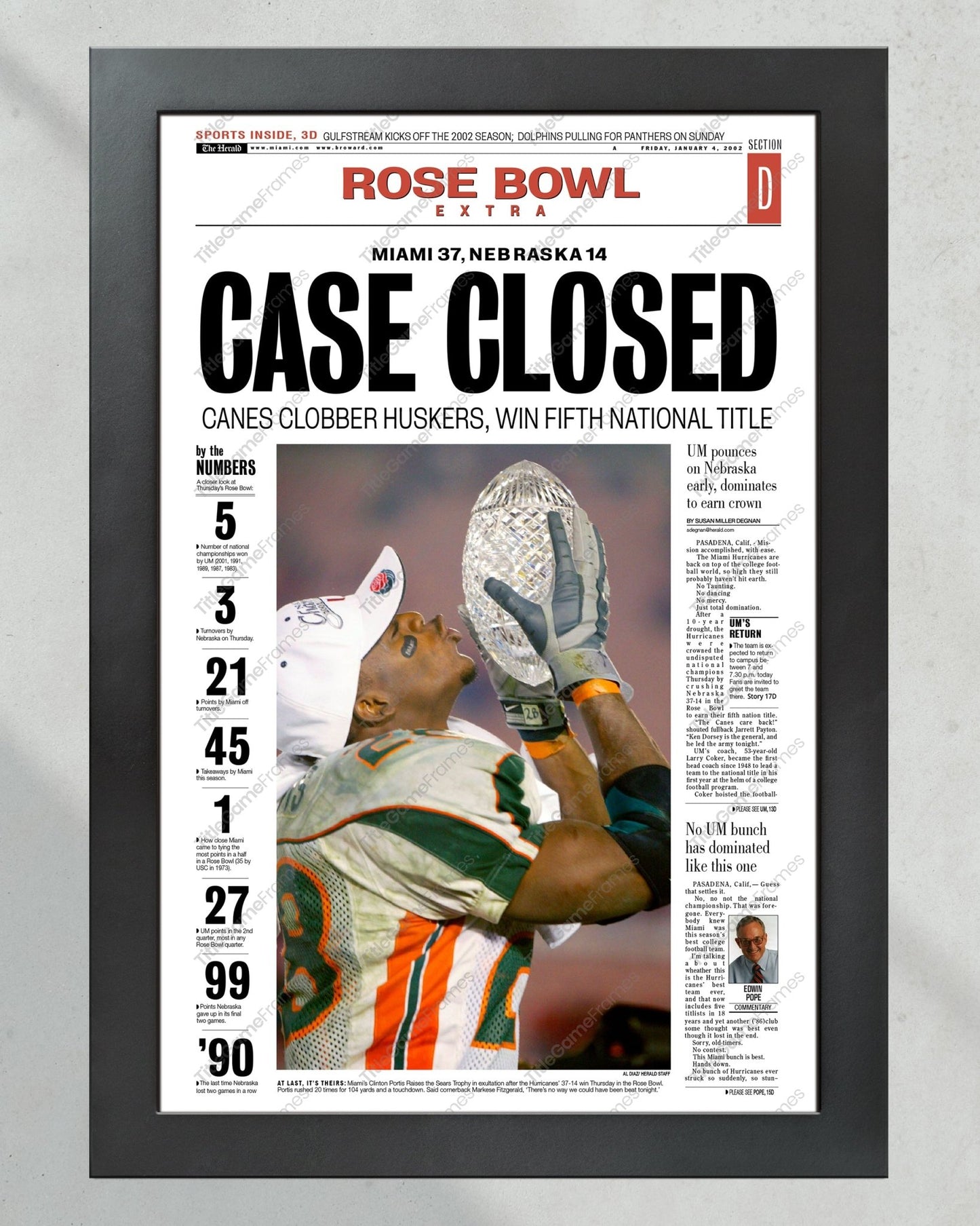 2001 Miami Hurricanes NCAA College Football National Champions Framed Front Page Newspaper Print - TitleGameFrames.com