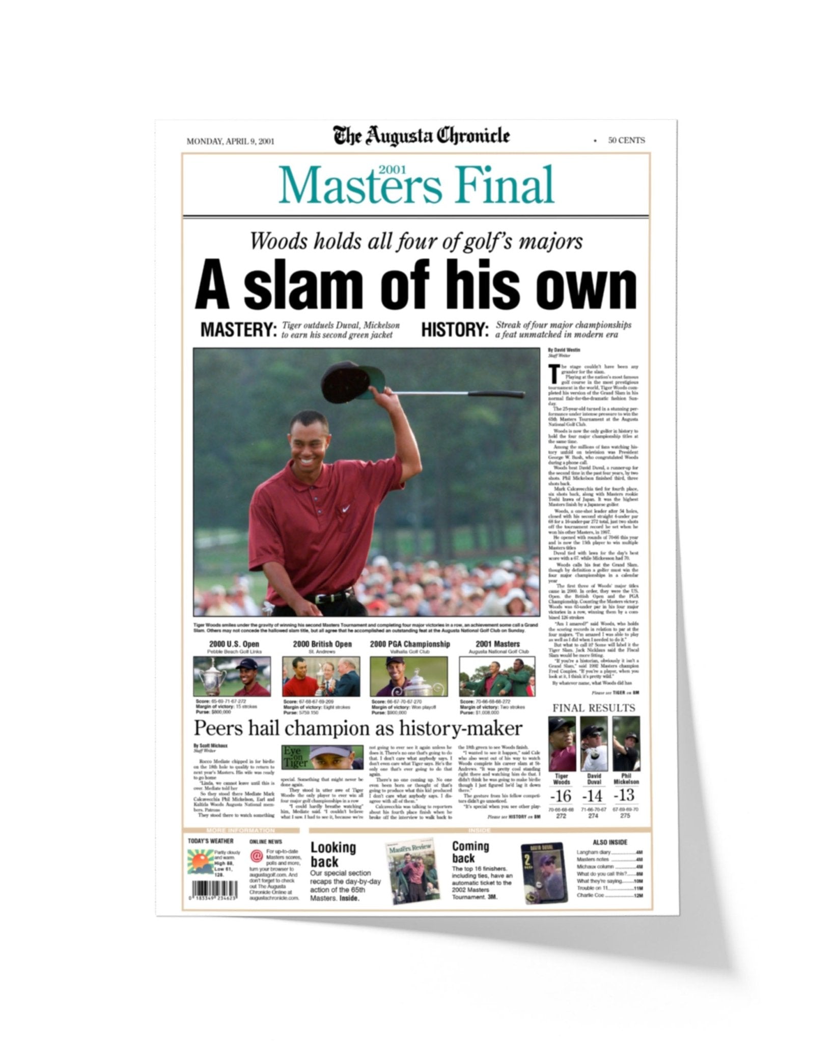 2001 Tiger Woods Masters Champion 'A slam of his own' Framed Newspaper - TitleGameFrames.com