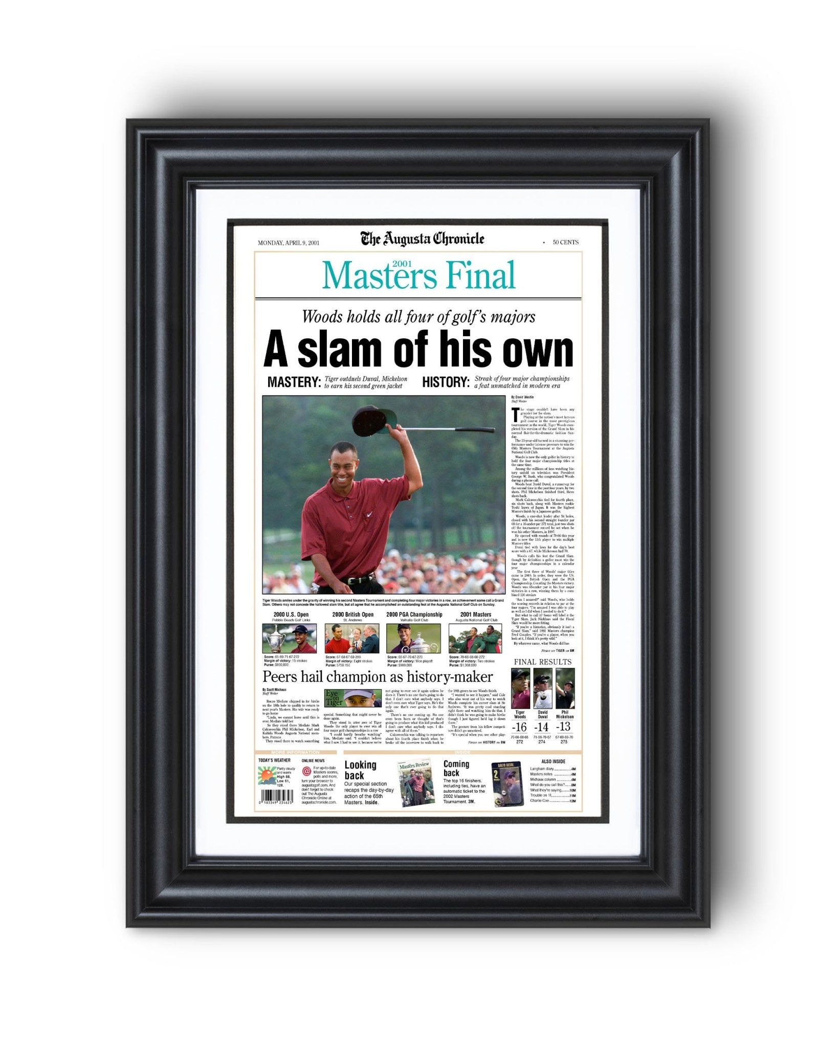 2001 Tiger Woods Masters Champion 'A slam of his own' Framed Newspaper - TitleGameFrames.com