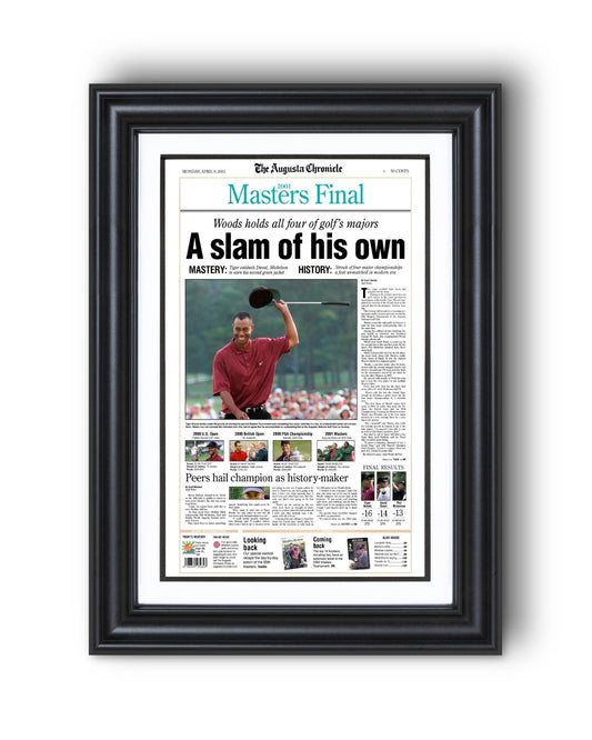 2001 Tiger Woods Masters Champion 'A slam of his own' Framed Newspaper - TitleGameFrames.com