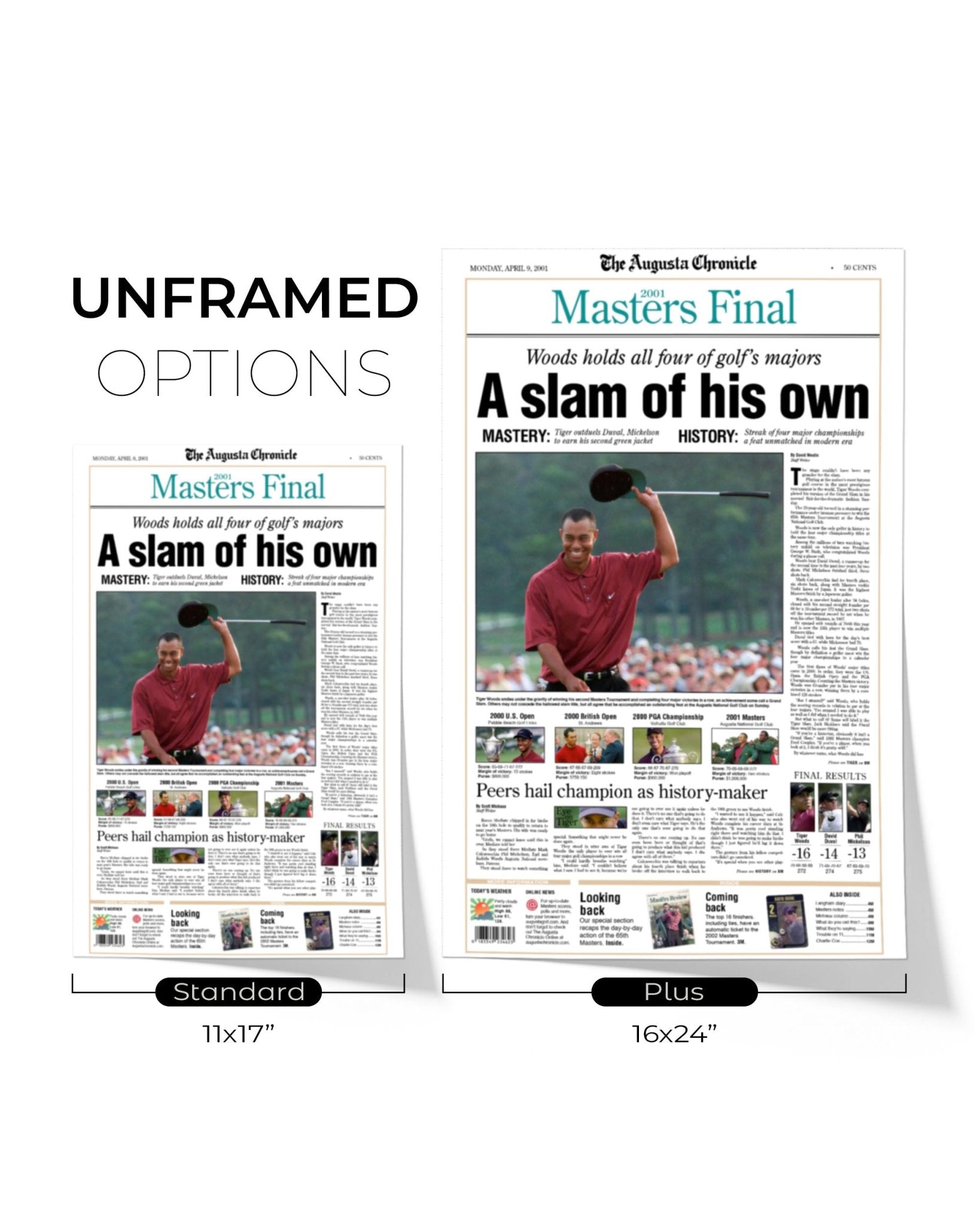 2001 Tiger Woods Masters Champion 'A slam of his own' Framed Newspaper - TitleGameFrames.com
