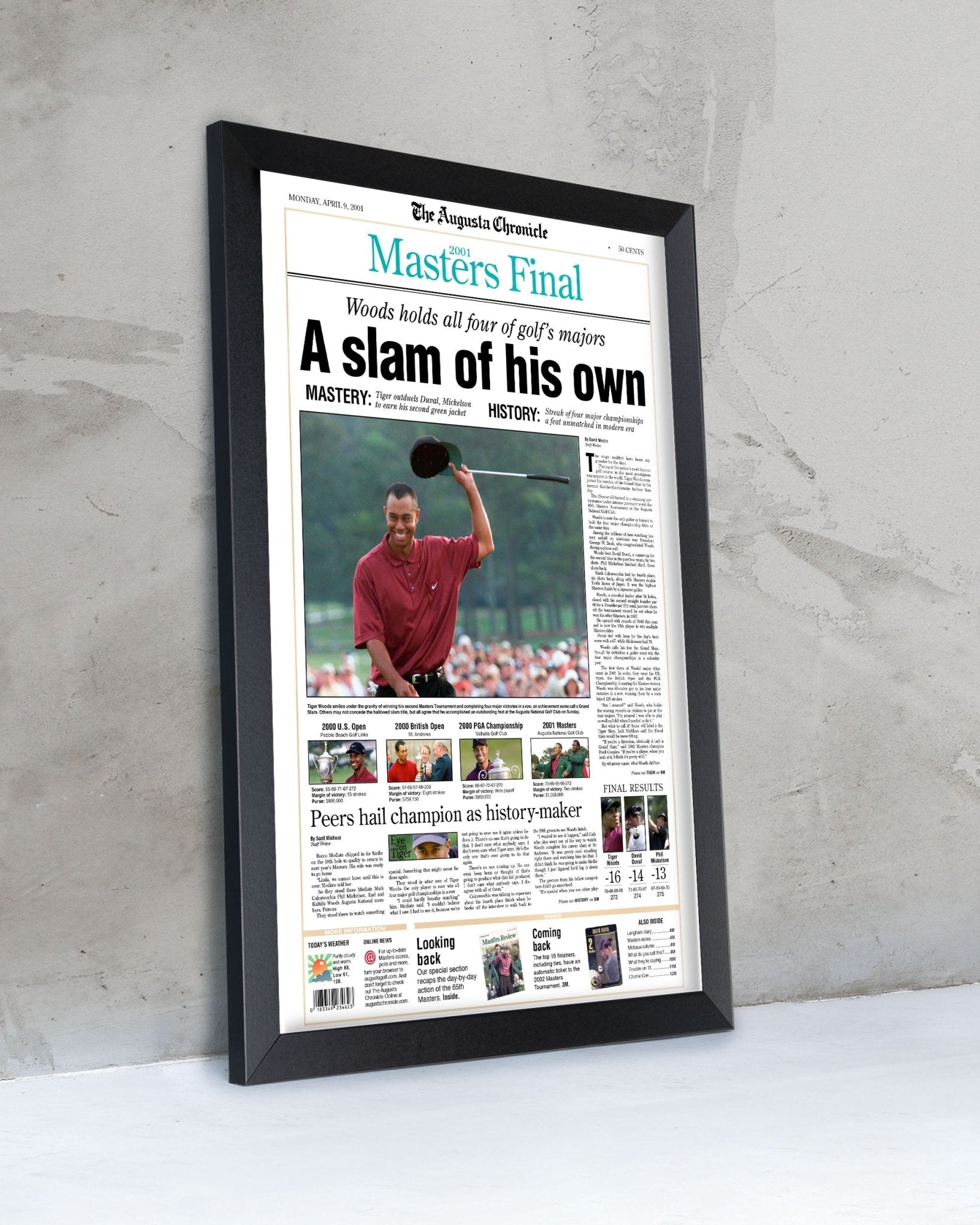 2001 Tiger Woods Masters Champion 'A slam of his own' Framed Newspaper - TitleGameFrames.com