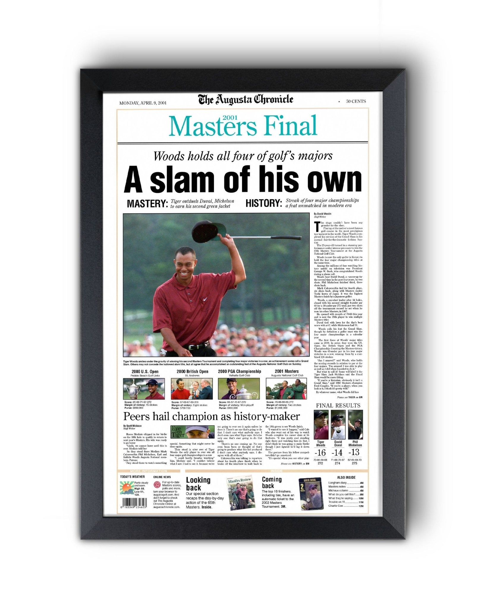 2001 Tiger Woods Masters Champion 'A slam of his own' Framed Newspaper - TitleGameFrames.com
