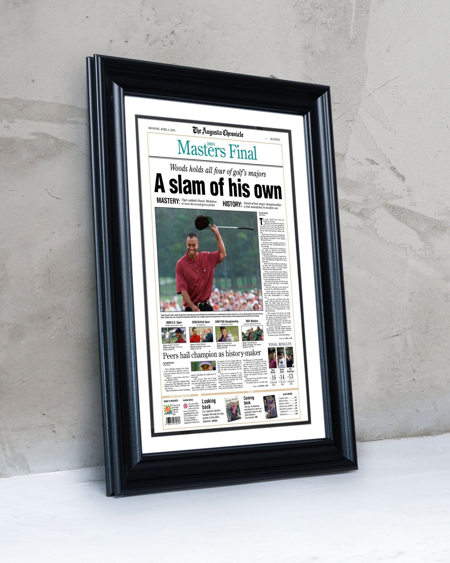2001 Tiger Woods Masters Champion 'A slam of his own' Framed Newspaper - TitleGameFrames.com