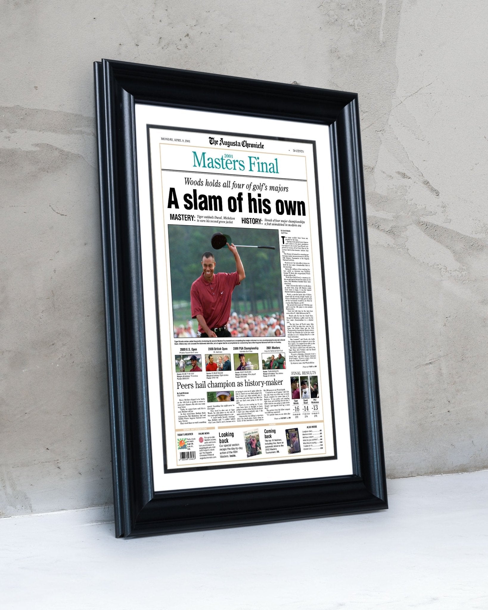 2001 Tiger Woods Masters Champion 'A slam of his own' Framed Newspaper - TitleGameFrames.com