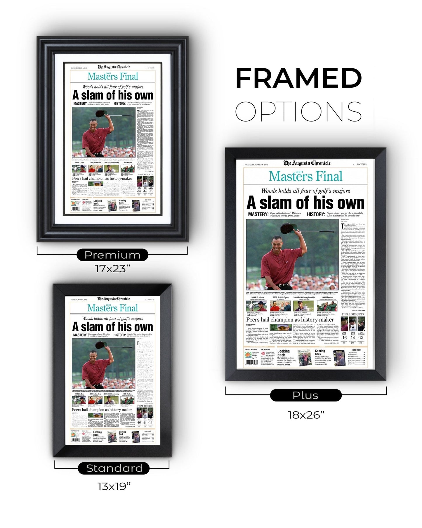 2001 Tiger Woods Masters Champion 'A slam of his own' Framed Newspaper - TitleGameFrames.com