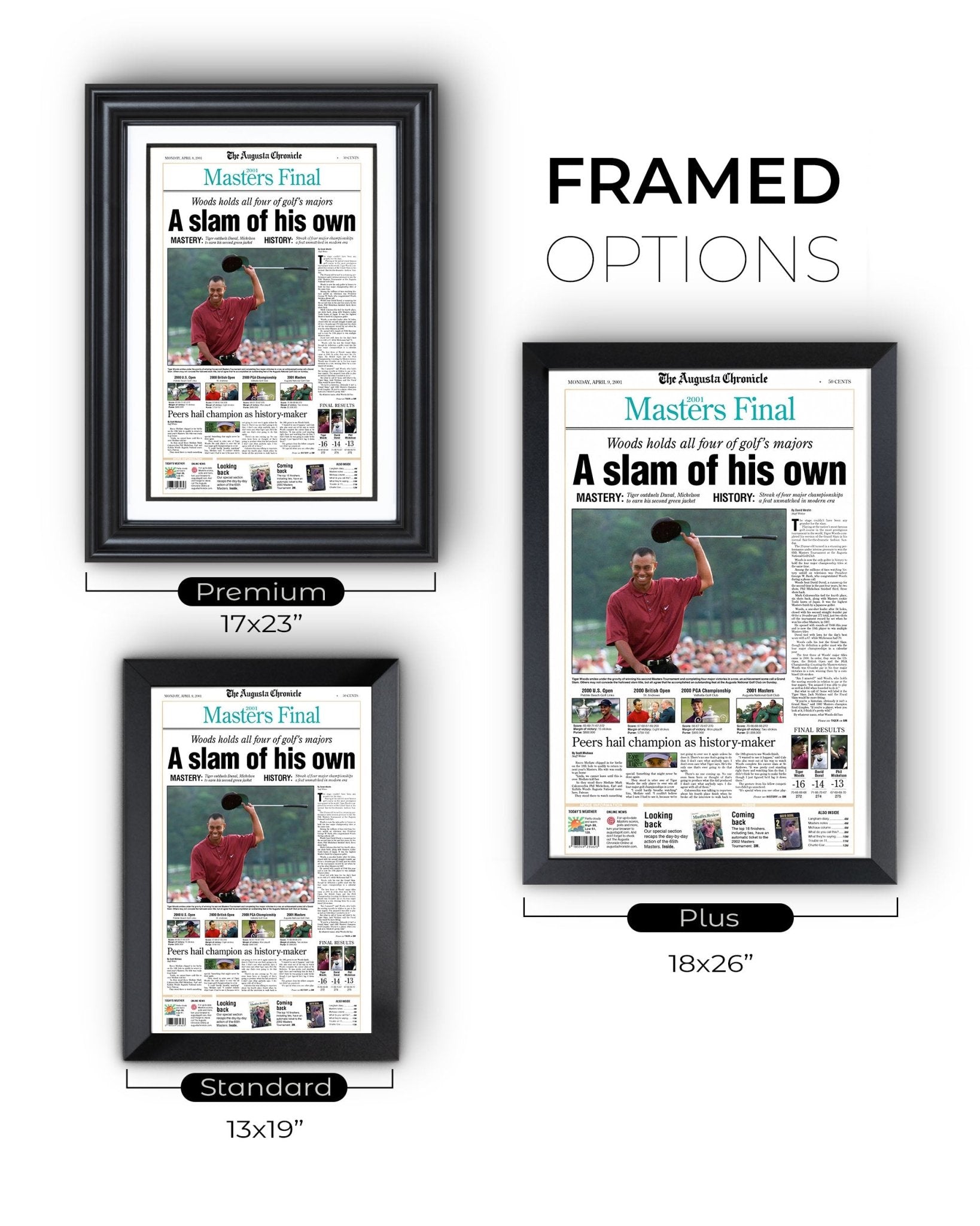 2001 Tiger Woods Masters Champion 'A slam of his own' Framed Newspaper - TitleGameFrames.com