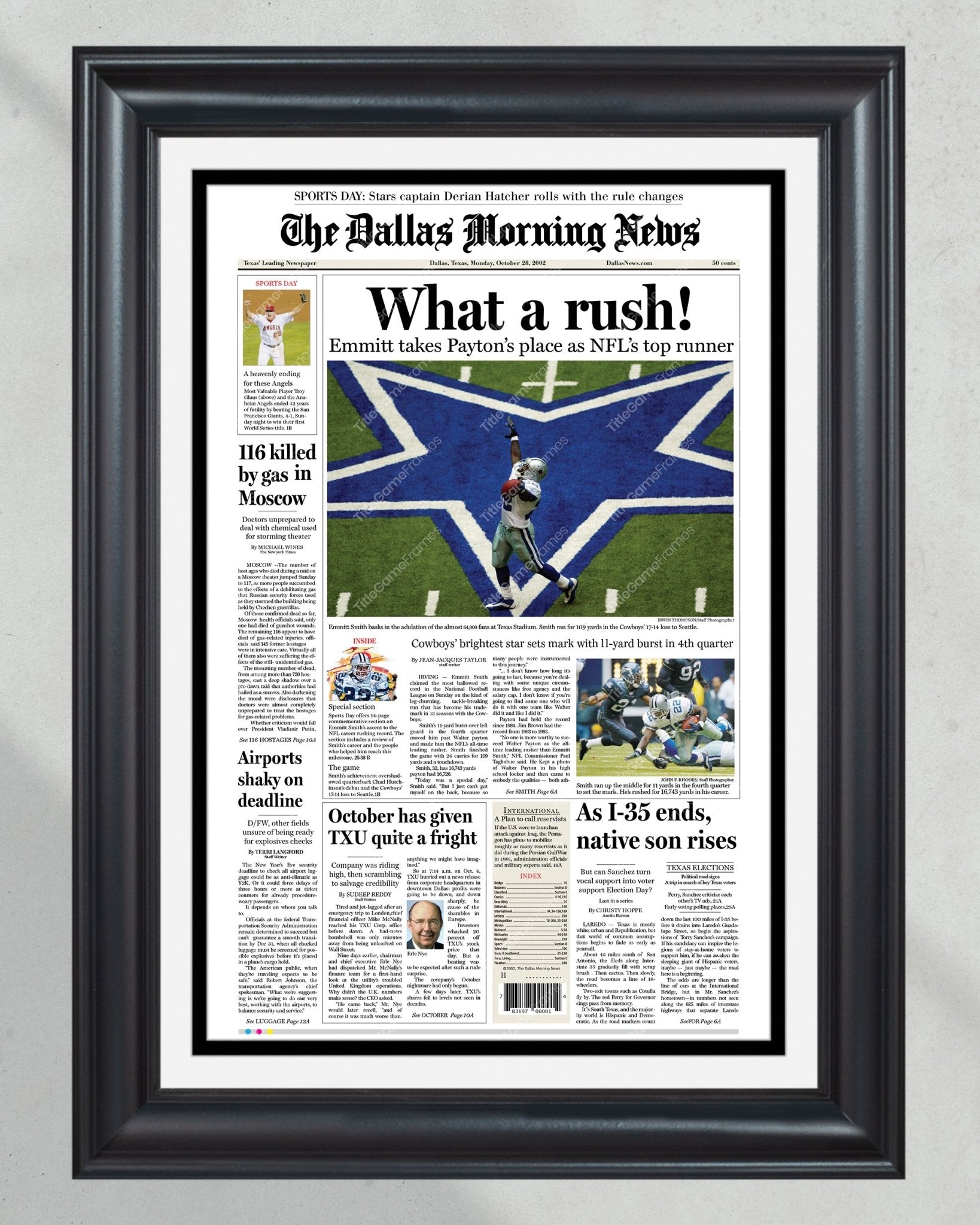 2002 Emmitt Smith Rushing Record Framed Front Page Newspaper Print - TitleGameFrames.com