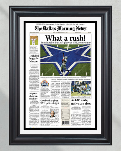 2002 Emmitt Smith Rushing Record Framed Front Page Newspaper Print - TitleGameFrames.com
