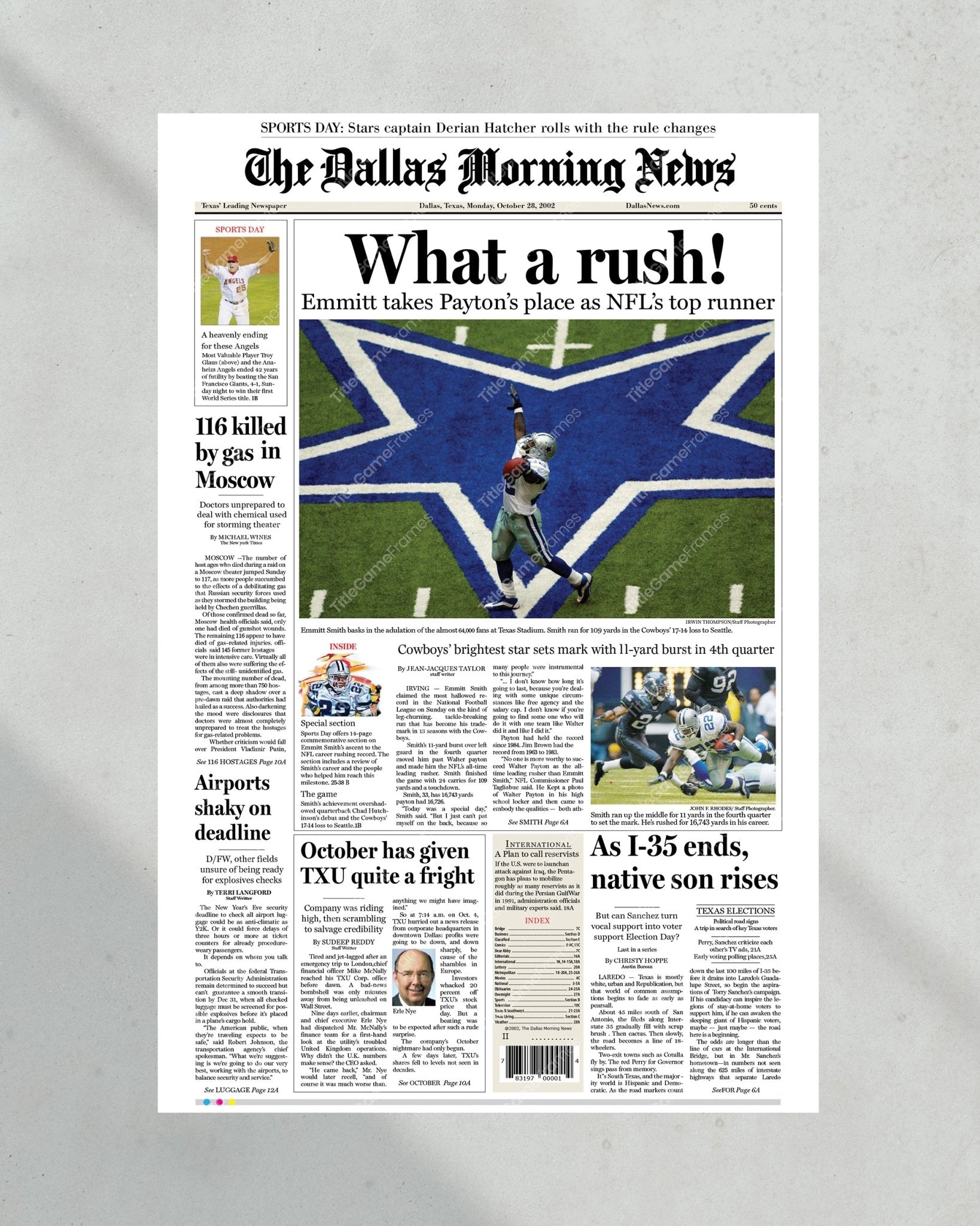 2002 Emmitt Smith Rushing Record Framed Front Page Newspaper Print - TitleGameFrames.com